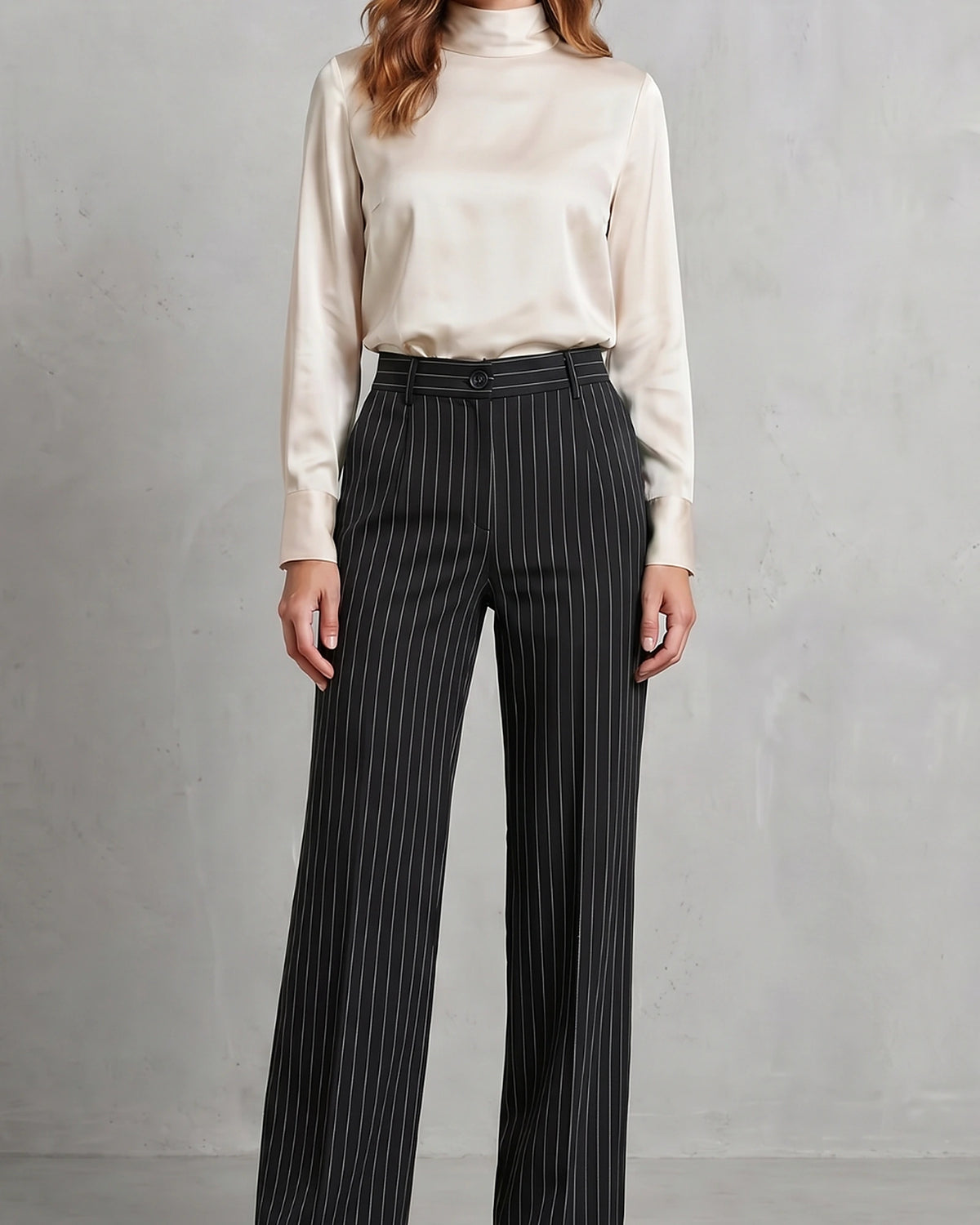 Women's Pinstripe Wide Leg High Waisted Trousers with Front Pockets – Rhea Grey