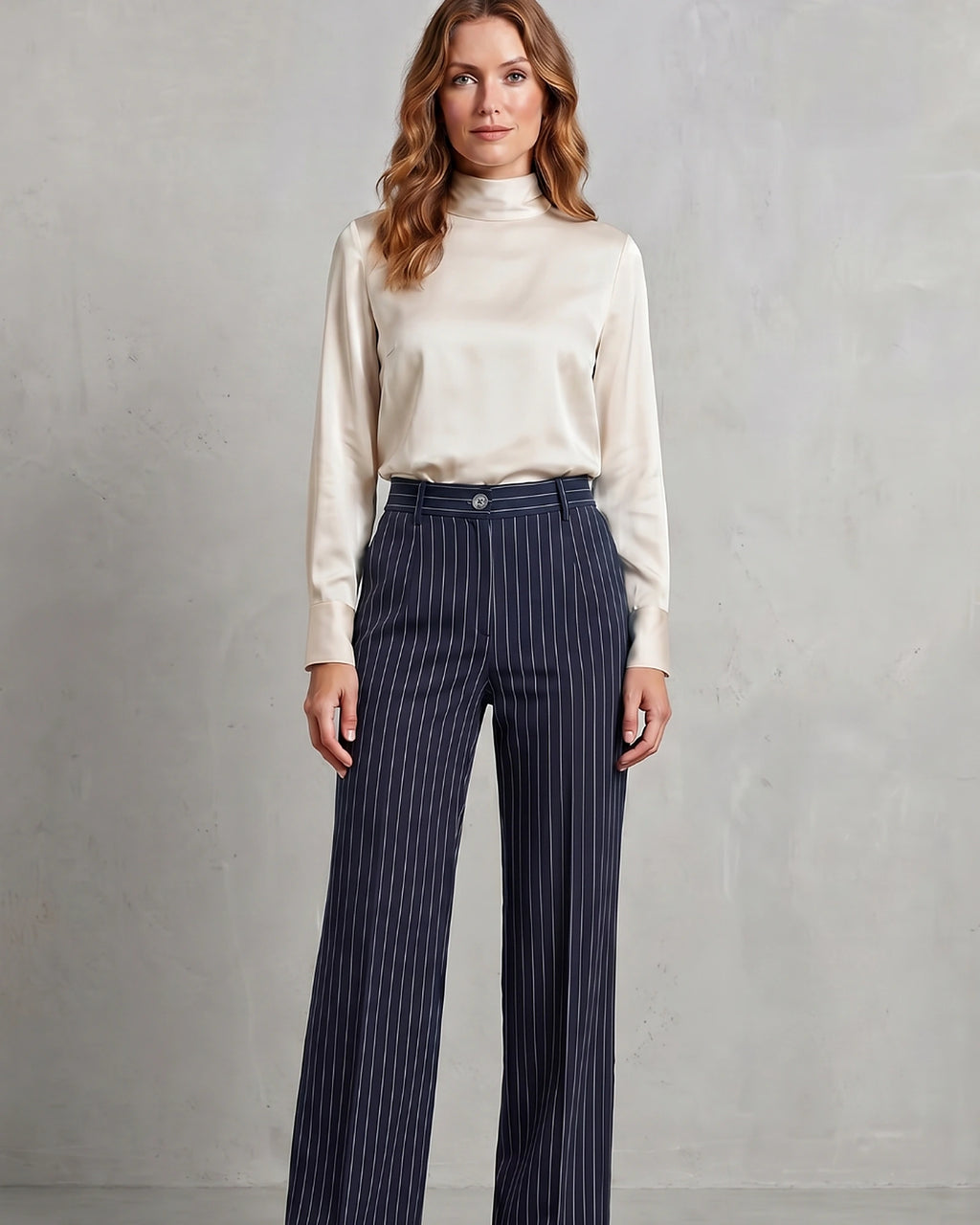 Women's Pinstripe Wide Leg High Waisted Trousers with Front Pockets – Rhea Grey