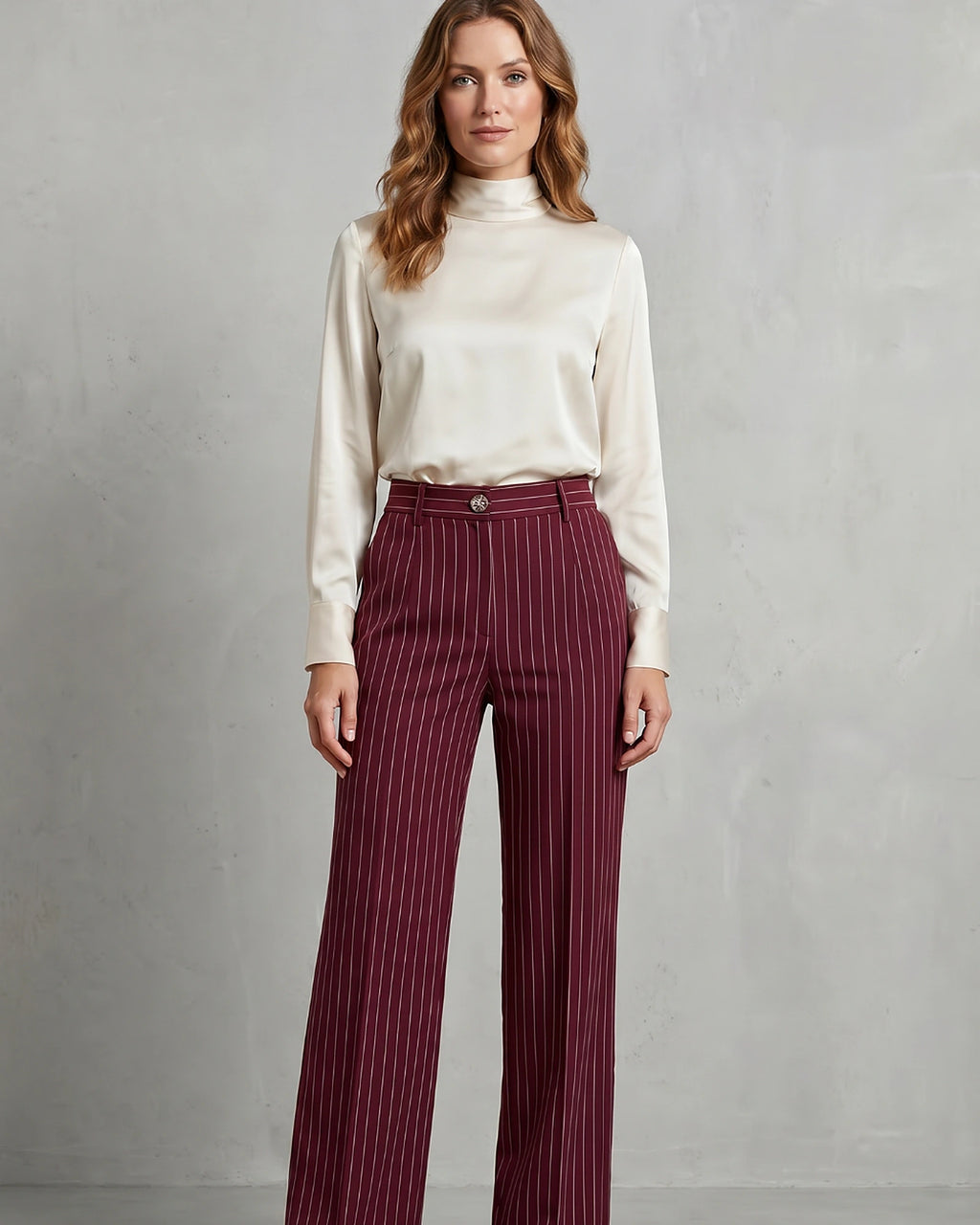 Women's Pinstripe Wide Leg High Waisted Trousers with Front Pockets – Rhea Grey