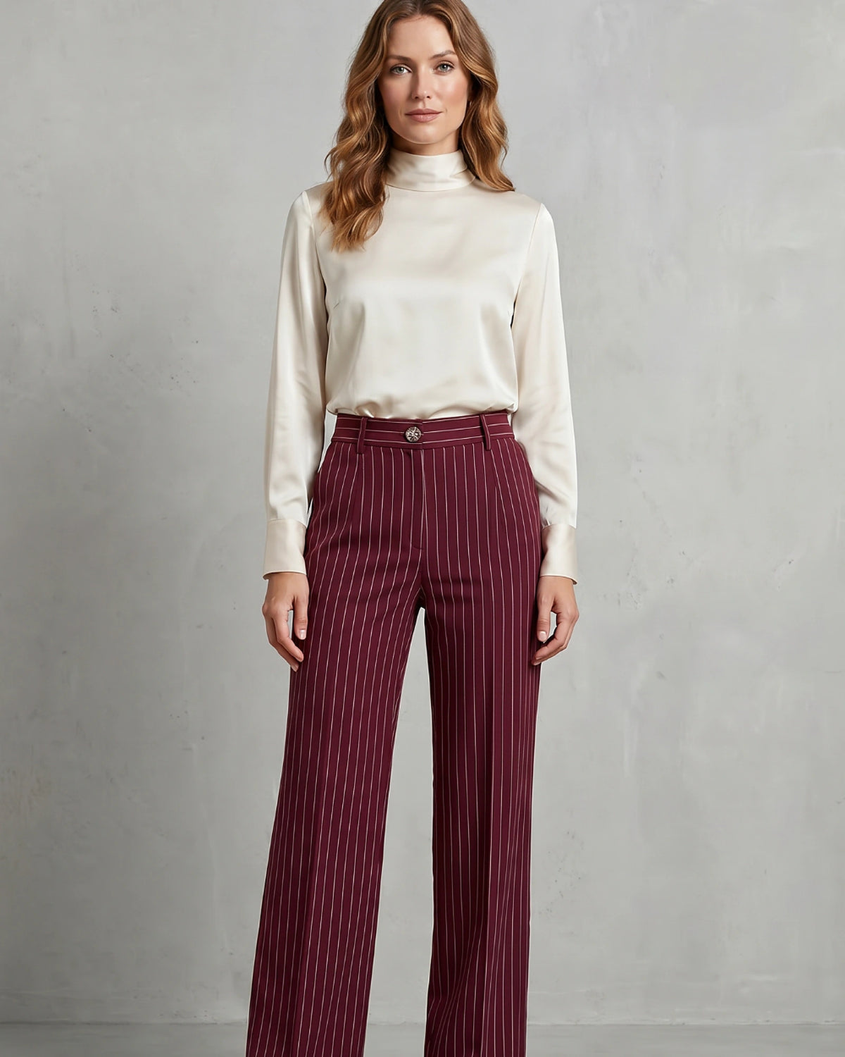 Women's Pinstripe Wide Leg High Waisted Trousers with Front Pockets – Rhea Grey