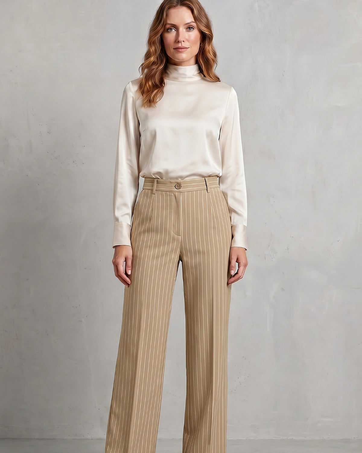 Women's Pinstripe Wide Leg High Waisted Trousers with Front Pockets – Rhea Grey