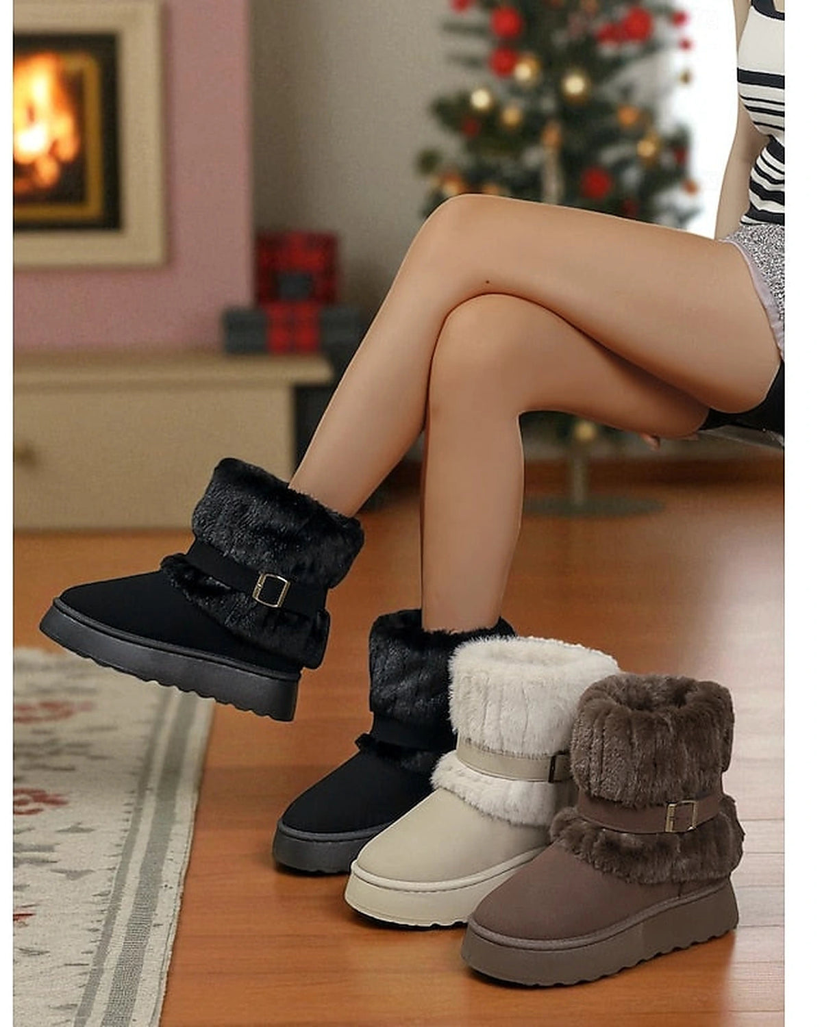 Women's Platform Snow Boots with Faux Fur Cuff and Buckle Strap – Gwen Lou