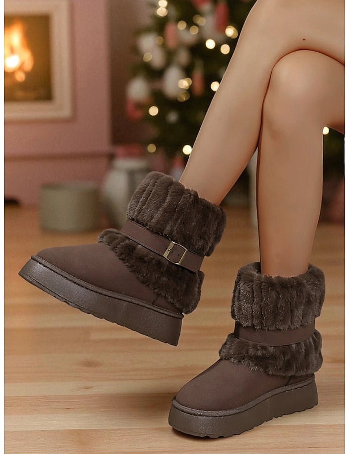 Women's Platform Snow Boots with Faux Fur Cuff and Buckle Strap – Gwen Lou