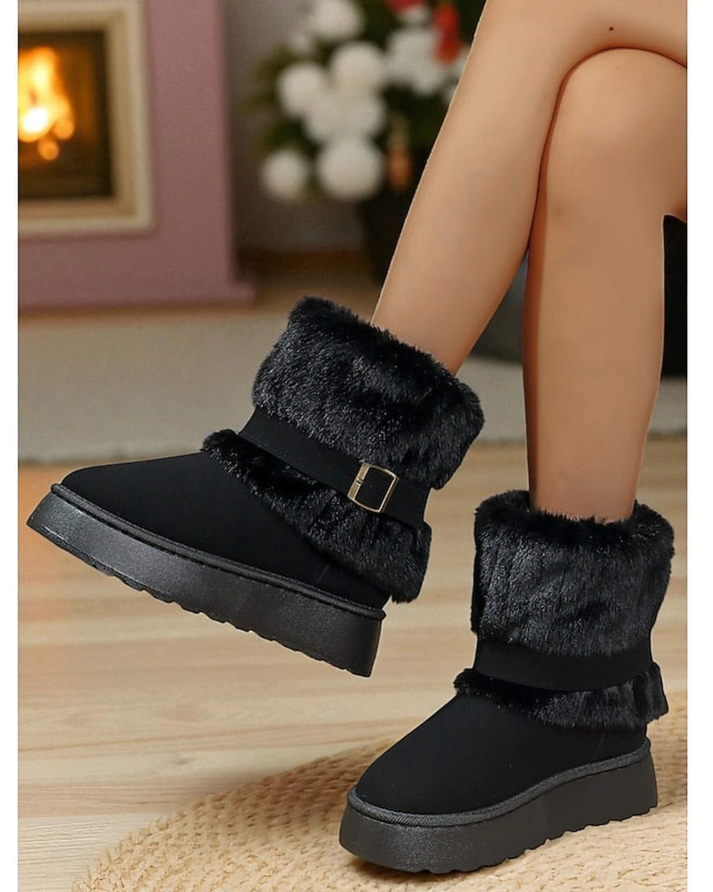 Women's Platform Snow Boots with Faux Fur Cuff and Buckle Strap – Gwen Lou