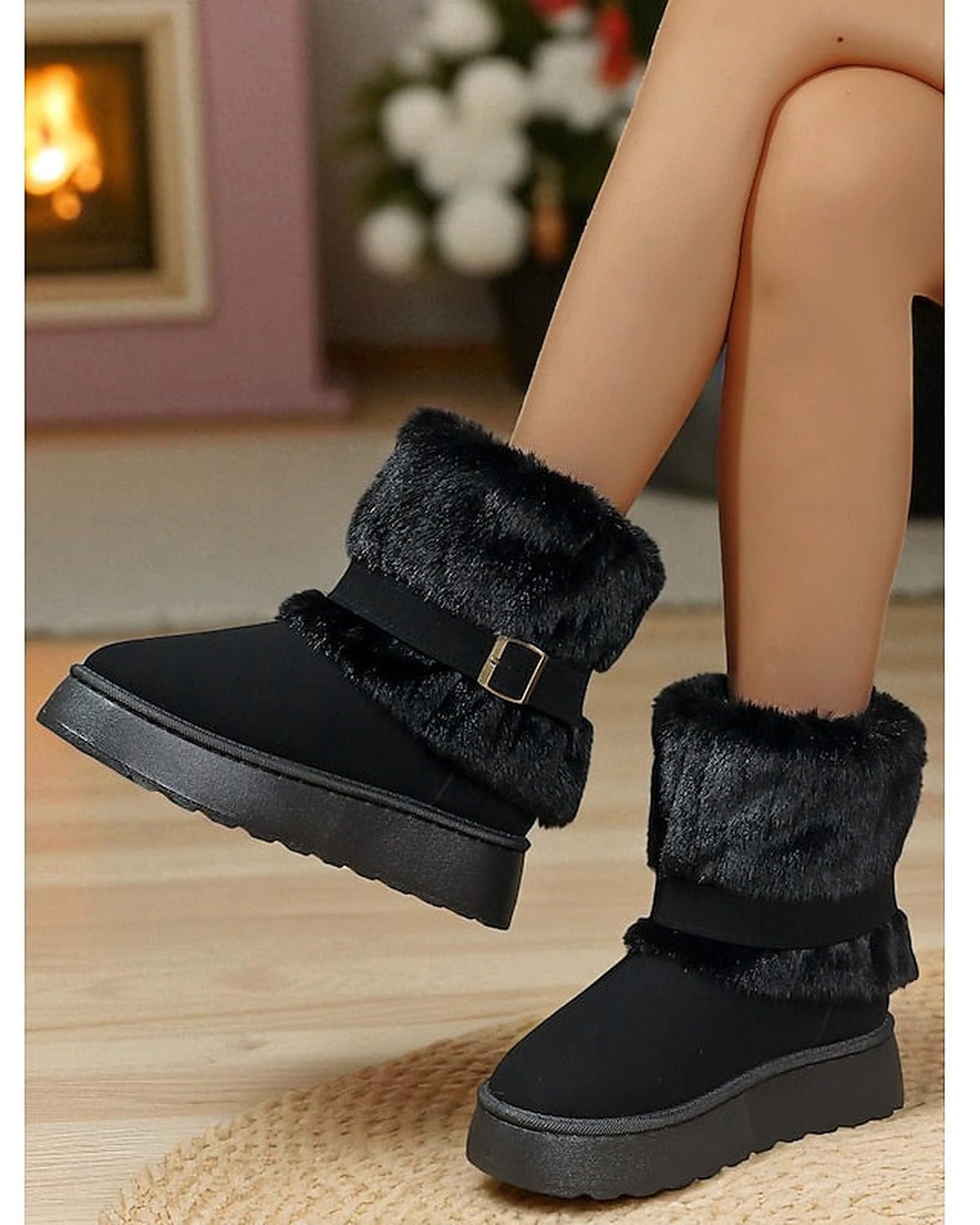 Women's Platform Snow Boots with Faux Fur Cuff and Buckle Strap – Gwen Lou