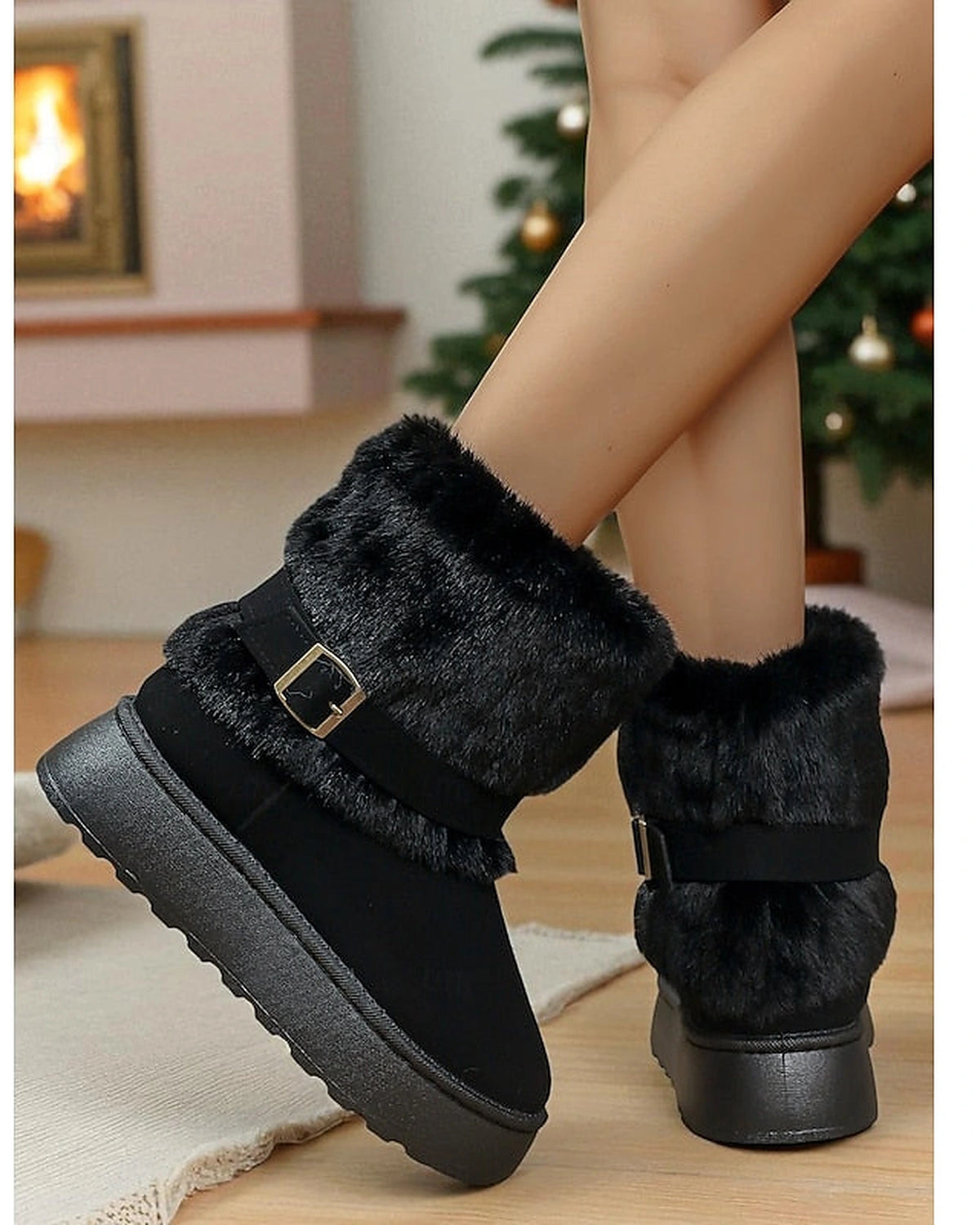 Women's Platform Snow Boots with Faux Fur Cuff and Buckle Strap – Gwen Lou