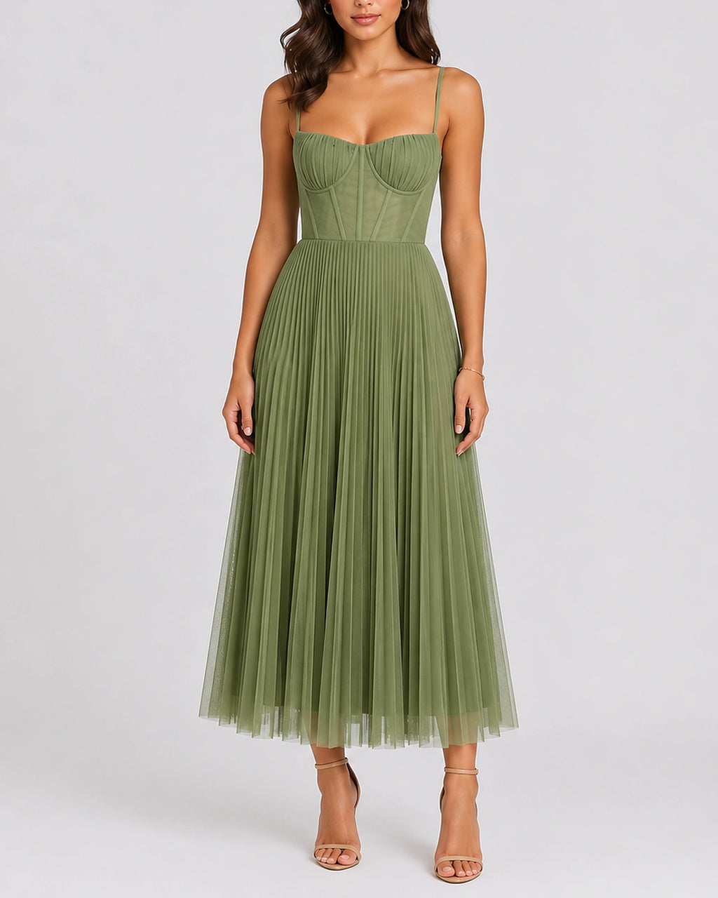 Women's Pleated Tulle Midi Dress for Weddings with Bustier Bodice and Thin Straps – Keira Grey