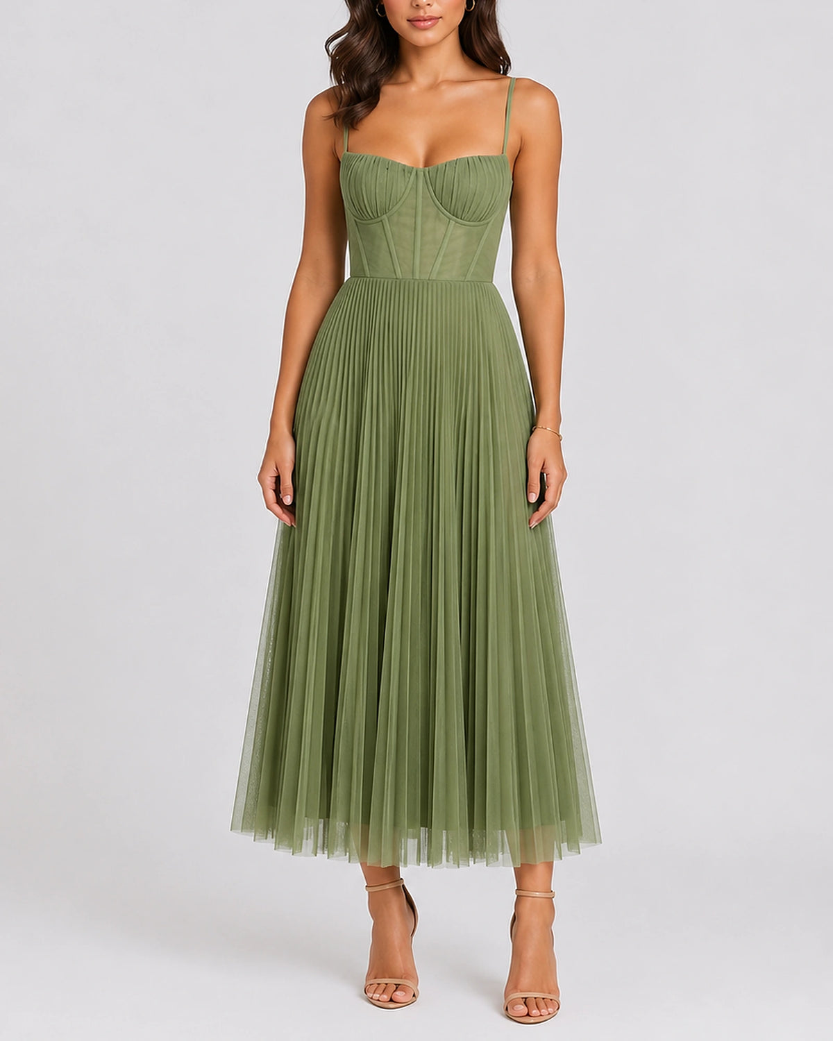 Women's Pleated Tulle Midi Dress for Weddings with Bustier Bodice and Thin Straps – Keira Grey