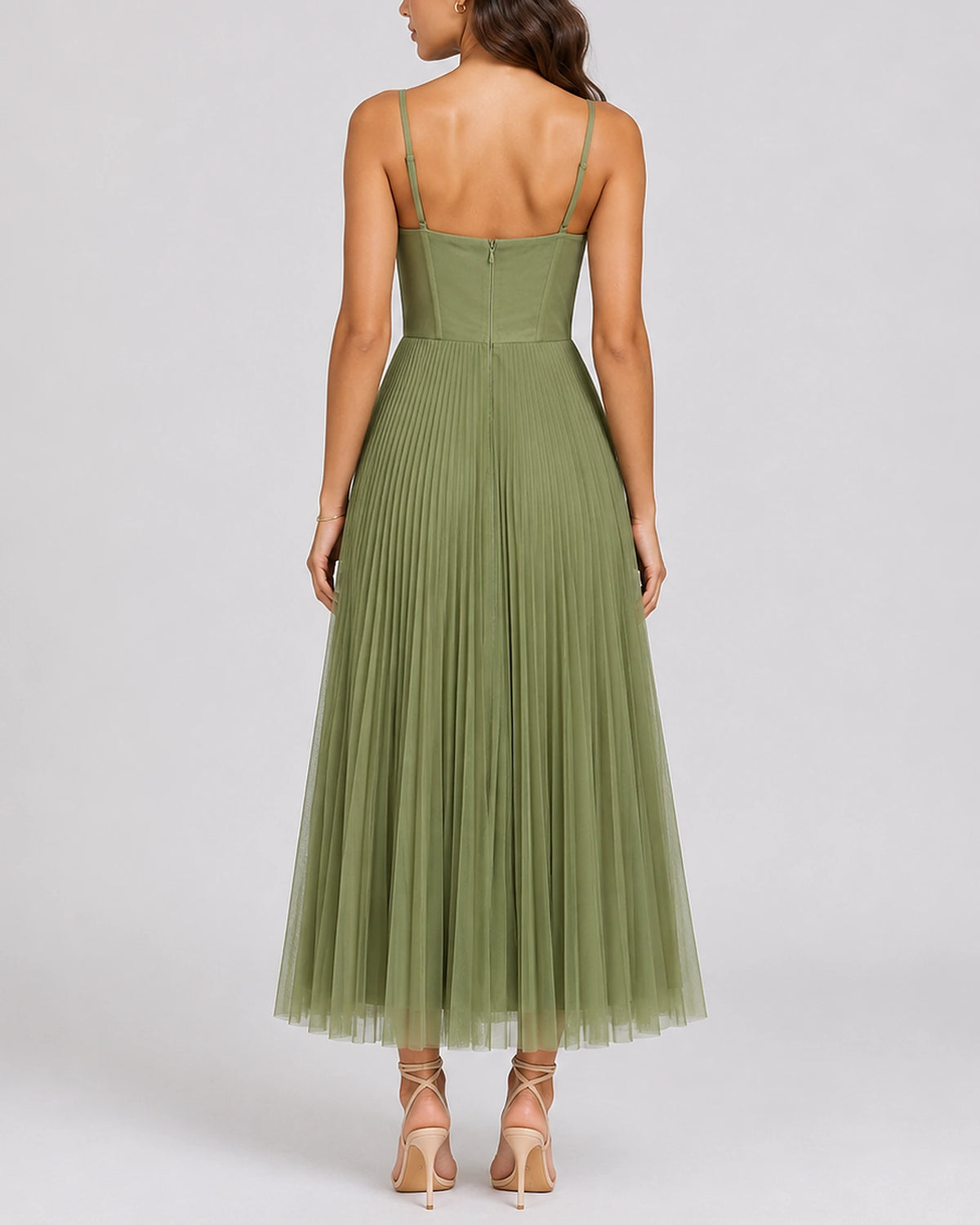 Women's Pleated Tulle Midi Dress for Weddings with Bustier Bodice and Thin Straps – Keira Grey