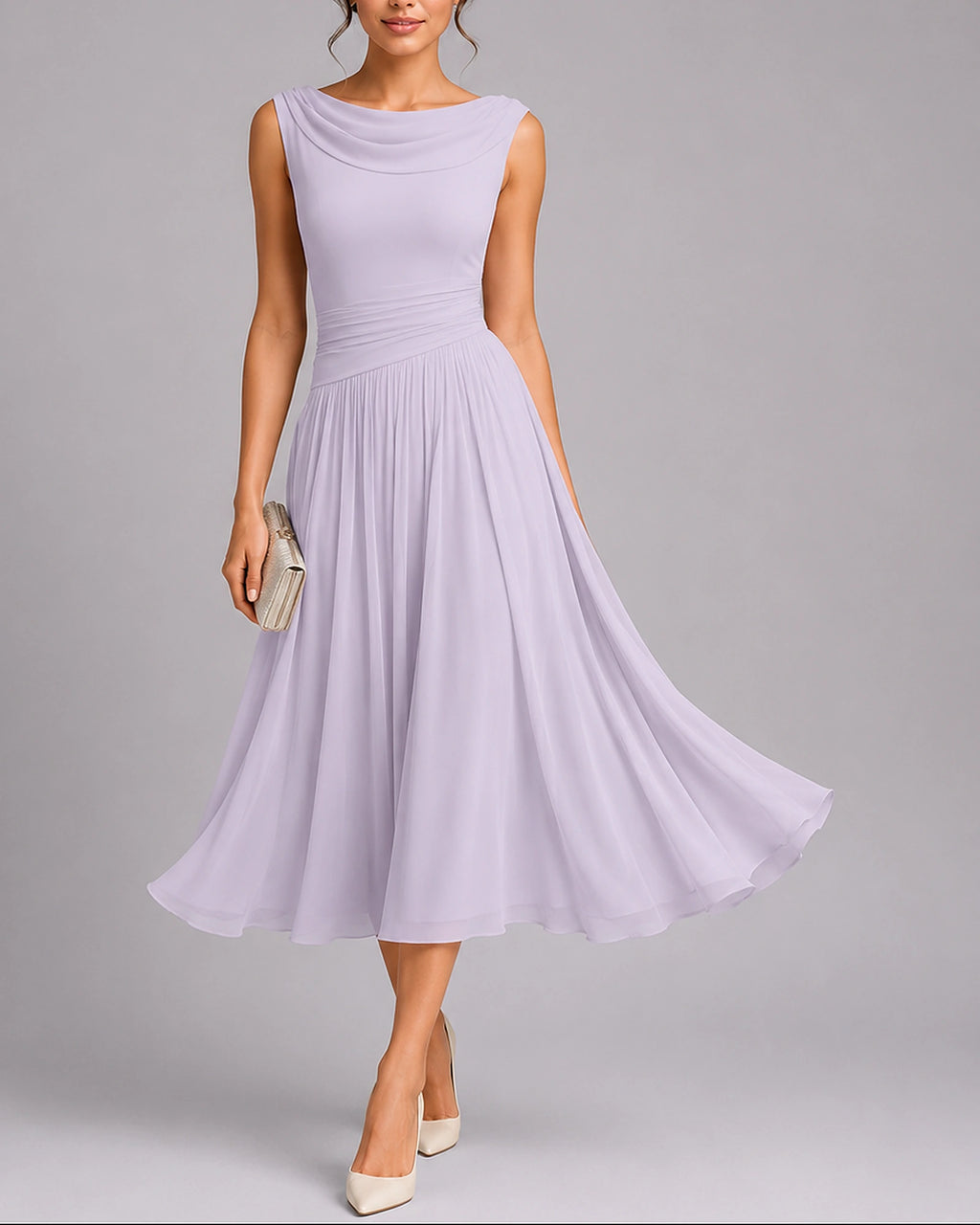 Women's Midi Wedding Guest Dress in Pleated Chiffon with Draped Cowl Neckline – Talia Rose