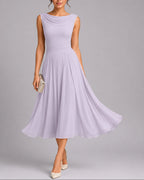Women's Midi Wedding Guest Dress in Pleated Chiffon with Draped Cowl Neckline – Talia Rose
