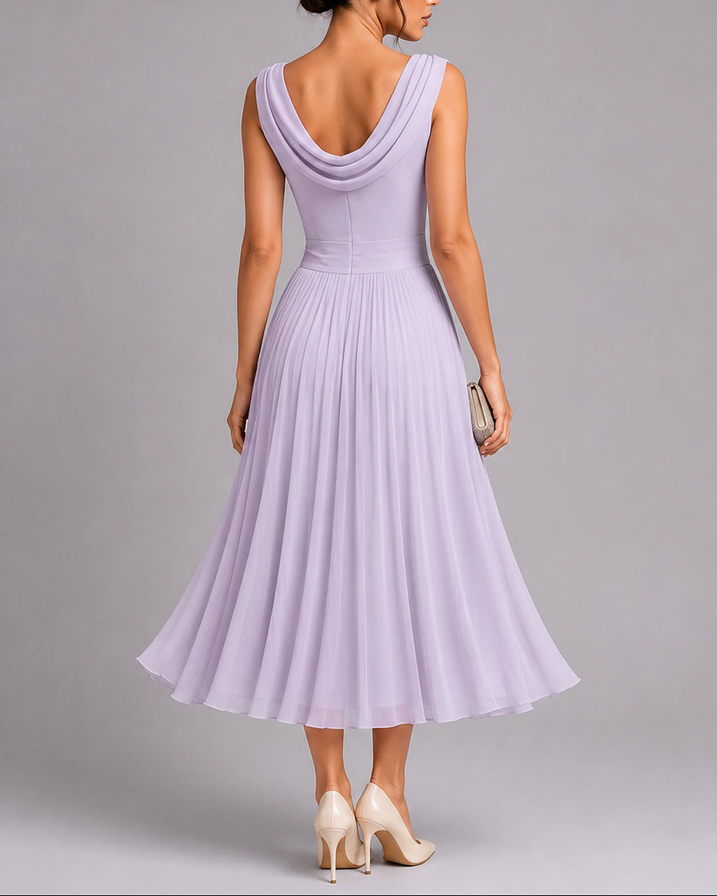 Women's Midi Wedding Guest Dress in Pleated Chiffon with Draped Cowl Neckline – Talia Rose