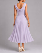 Women's Midi Wedding Guest Dress in Pleated Chiffon with Draped Cowl Neckline – Talia Rose