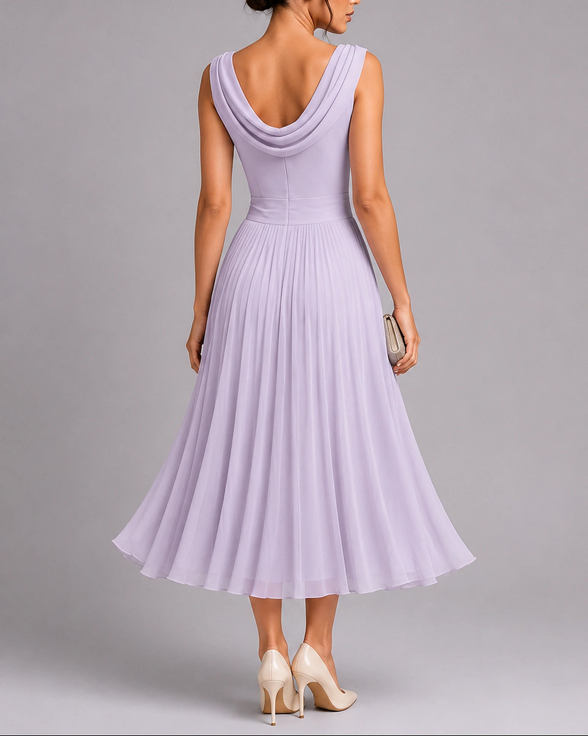 Women's Midi Wedding Guest Dress in Pleated Chiffon with Draped Cowl Neckline – Talia Rose