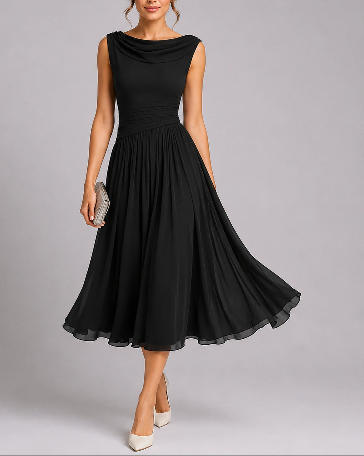Women's Midi Wedding Guest Dress in Pleated Chiffon with Draped Cowl Neckline – Talia Rose