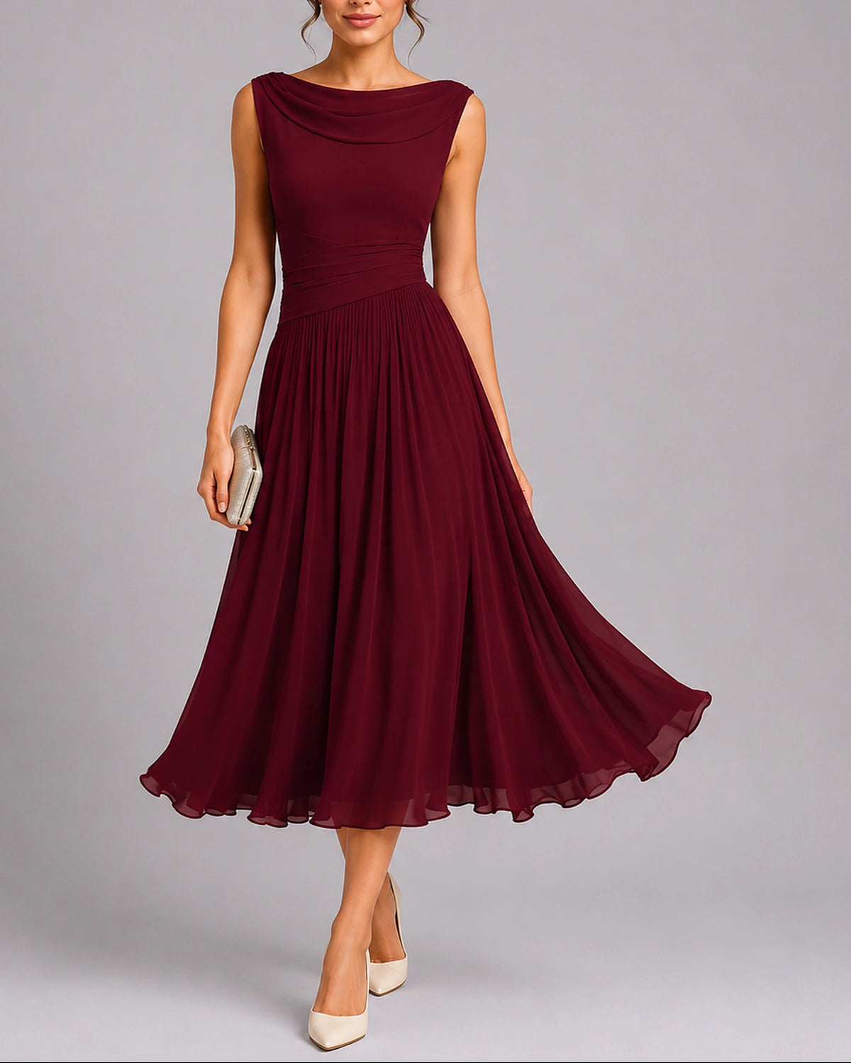 Women's Midi Wedding Guest Dress in Pleated Chiffon with Draped Cowl Neckline – Talia Rose