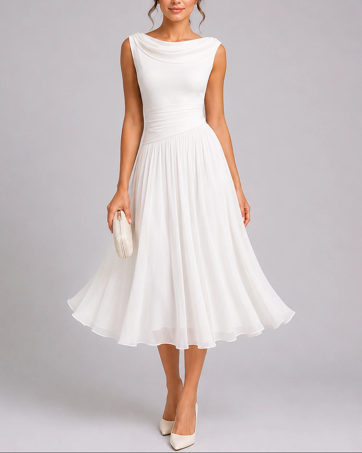 Women's Midi Wedding Guest Dress in Pleated Chiffon with Draped Cowl Neckline – Talia Rose