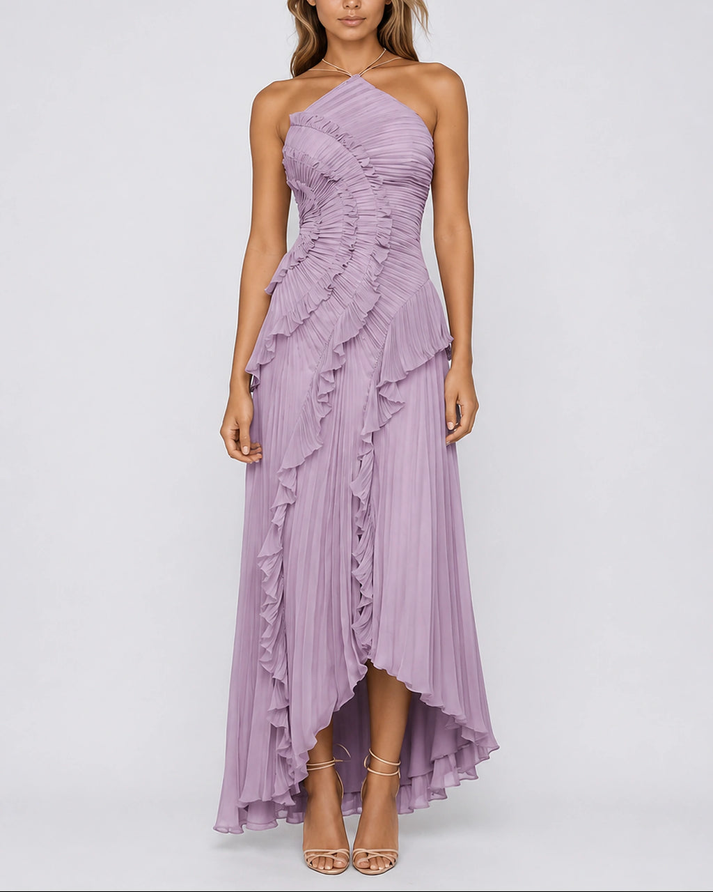 Women's Pleated Ruffle Halter Maxi Dress for Weddings & Events with High-Low Hem – Olive Rose
