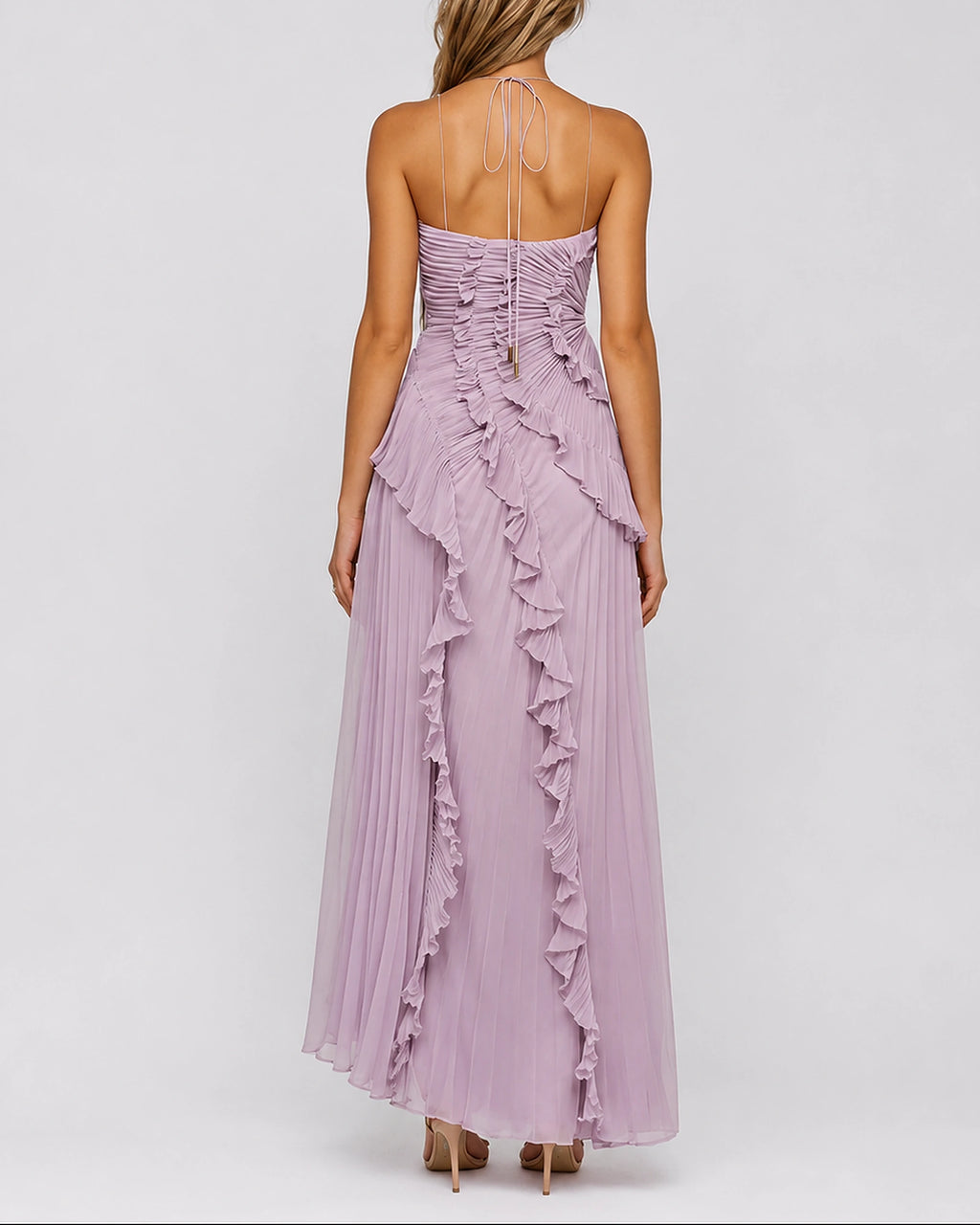 Women's Pleated Ruffle Halter Maxi Dress for Weddings & Events with High-Low Hem – Olive Rose