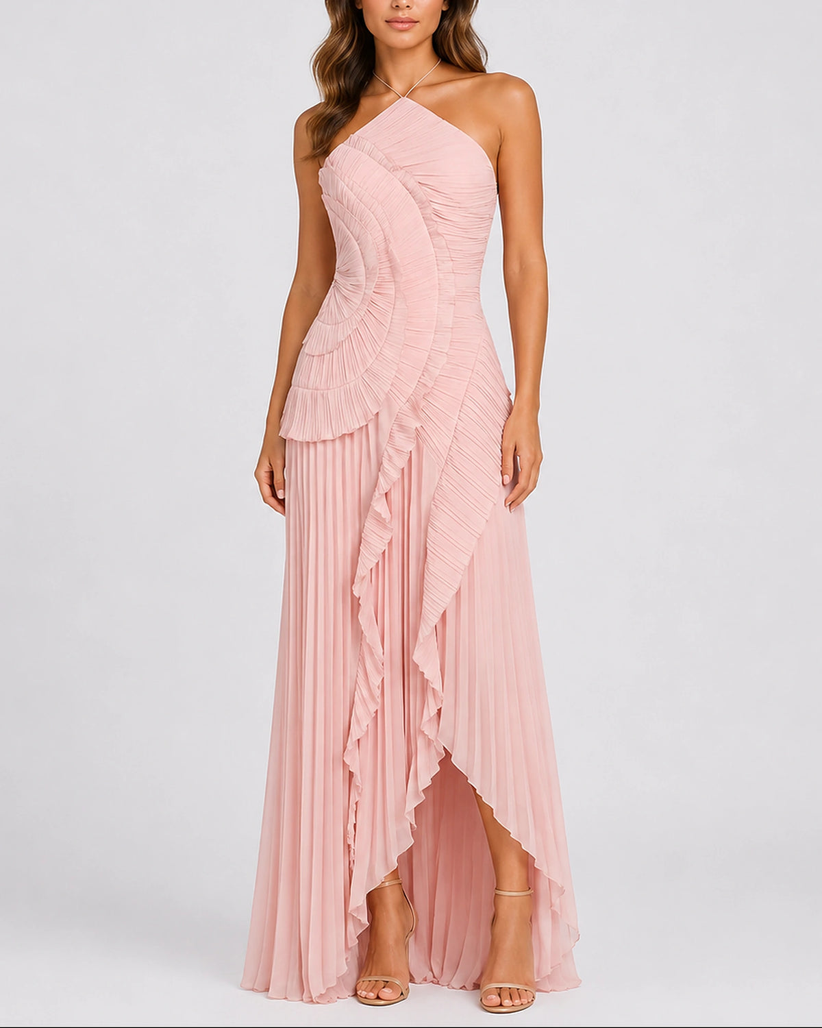 Women's Pleated Ruffle Halter Maxi Dress for Weddings & Events with High-Low Hem – Olive Rose