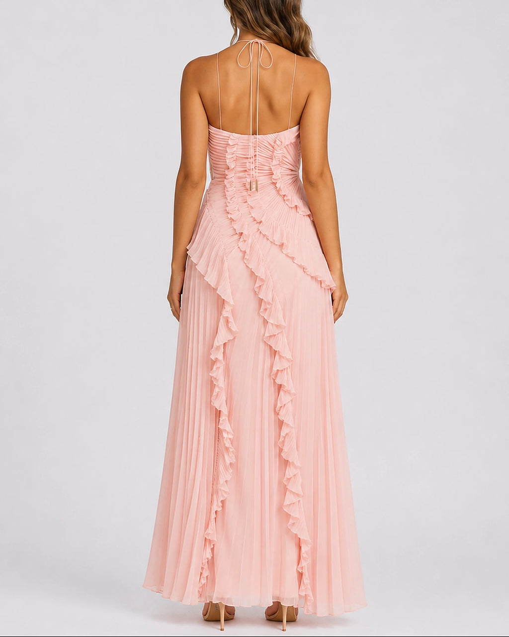 Women's Pleated Ruffle Halter Maxi Dress for Weddings & Events with High-Low Hem – Olive Rose