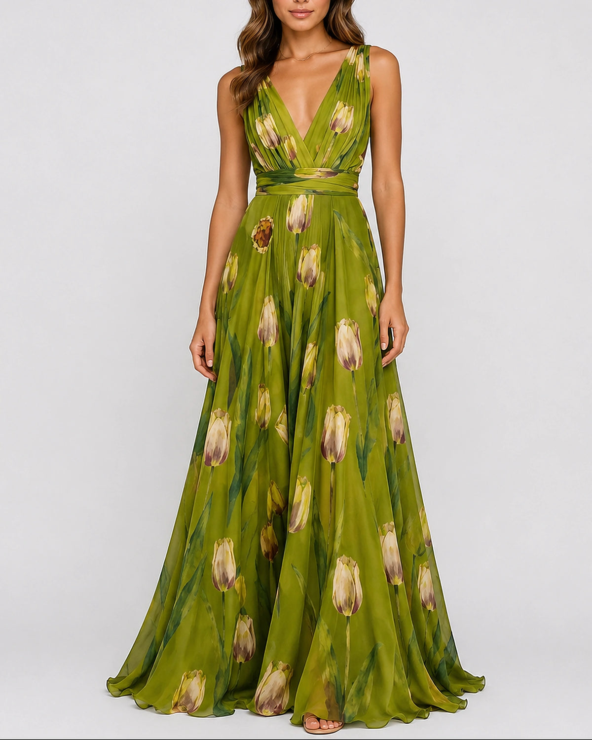 Women's Pleated Evening Maxi Dress with Tie Waist and V-Neck in Floral Print Chiffon – Lena Jane