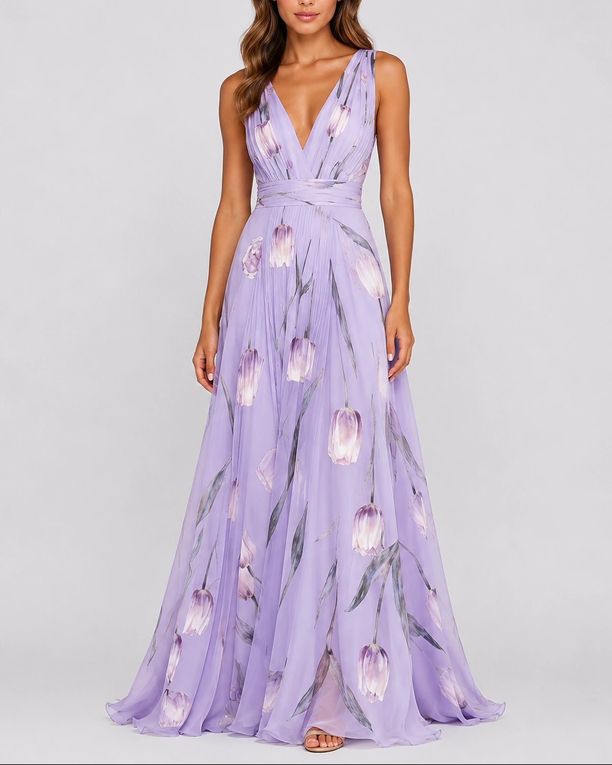Women's Pleated Evening Maxi Dress with Tie Waist and V-Neck in Floral Print Chiffon – Lena Jane