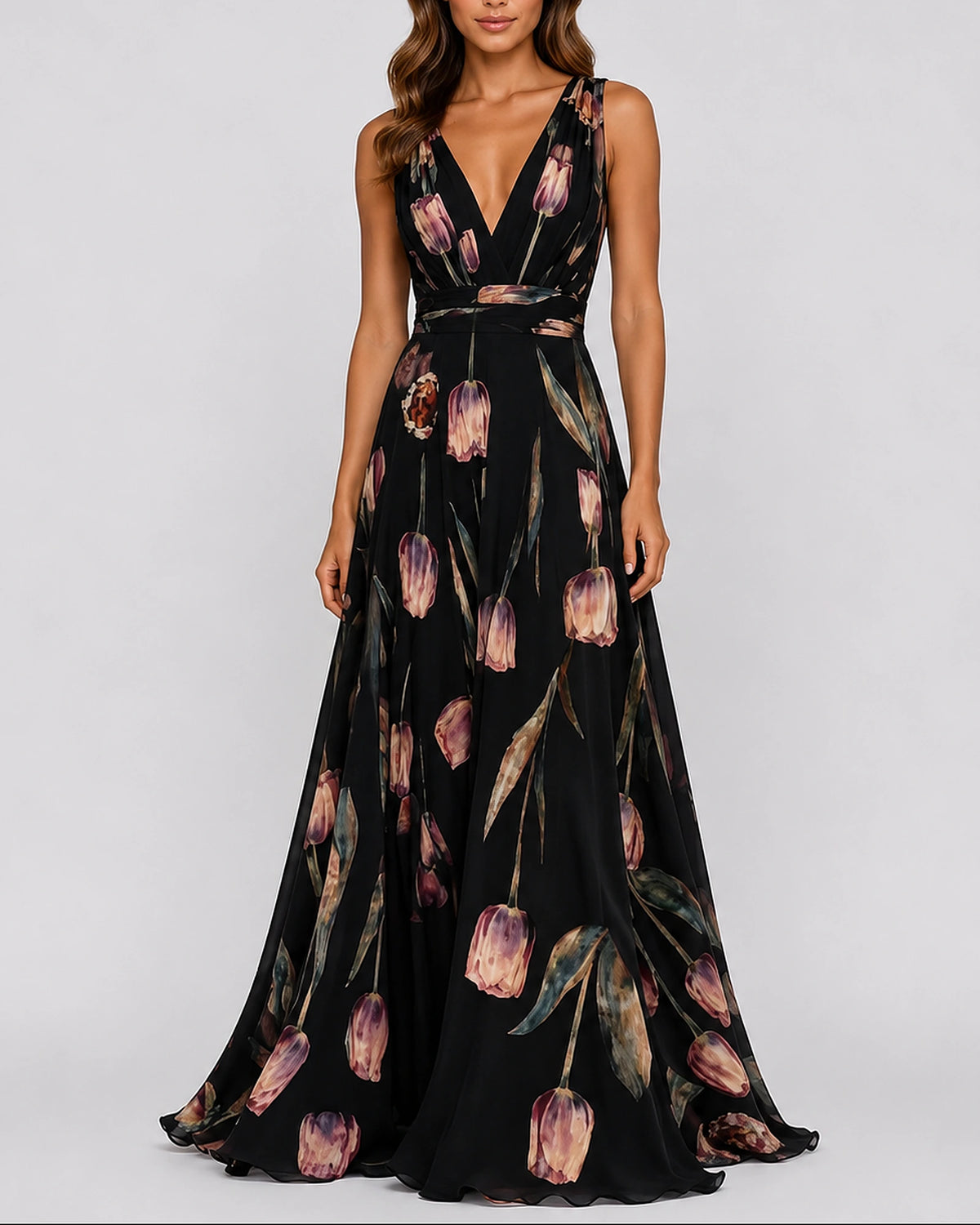 Women's Pleated Evening Maxi Dress with Tie Waist and V-Neck in Floral Print Chiffon – Lena Jane