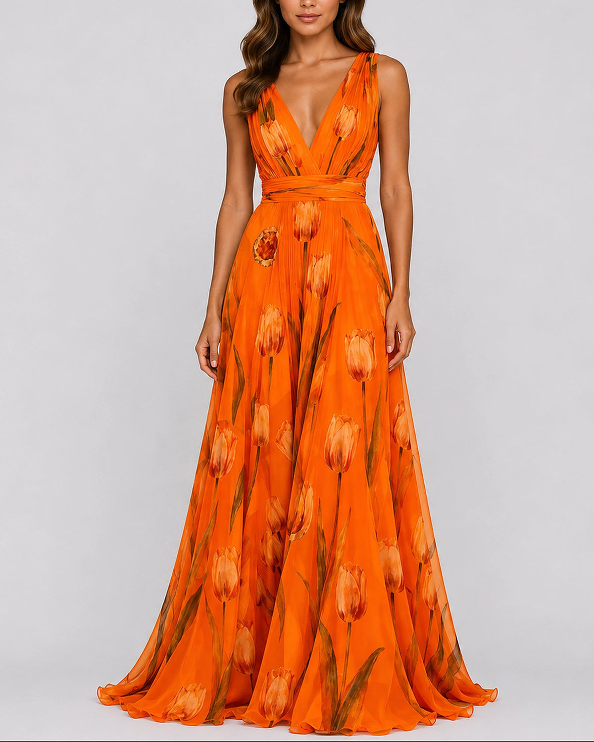 Women's Pleated Evening Maxi Dress with Tie Waist and V-Neck in Floral Print Chiffon – Lena Jane