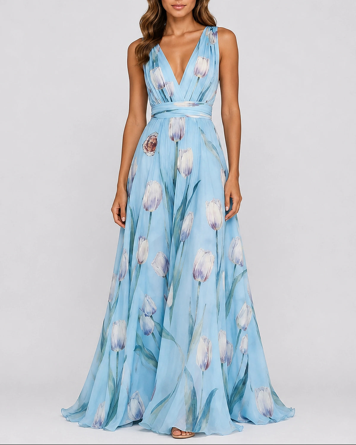Women's Pleated Evening Maxi Dress with Tie Waist and V-Neck in Floral Print Chiffon – Lena Jane
