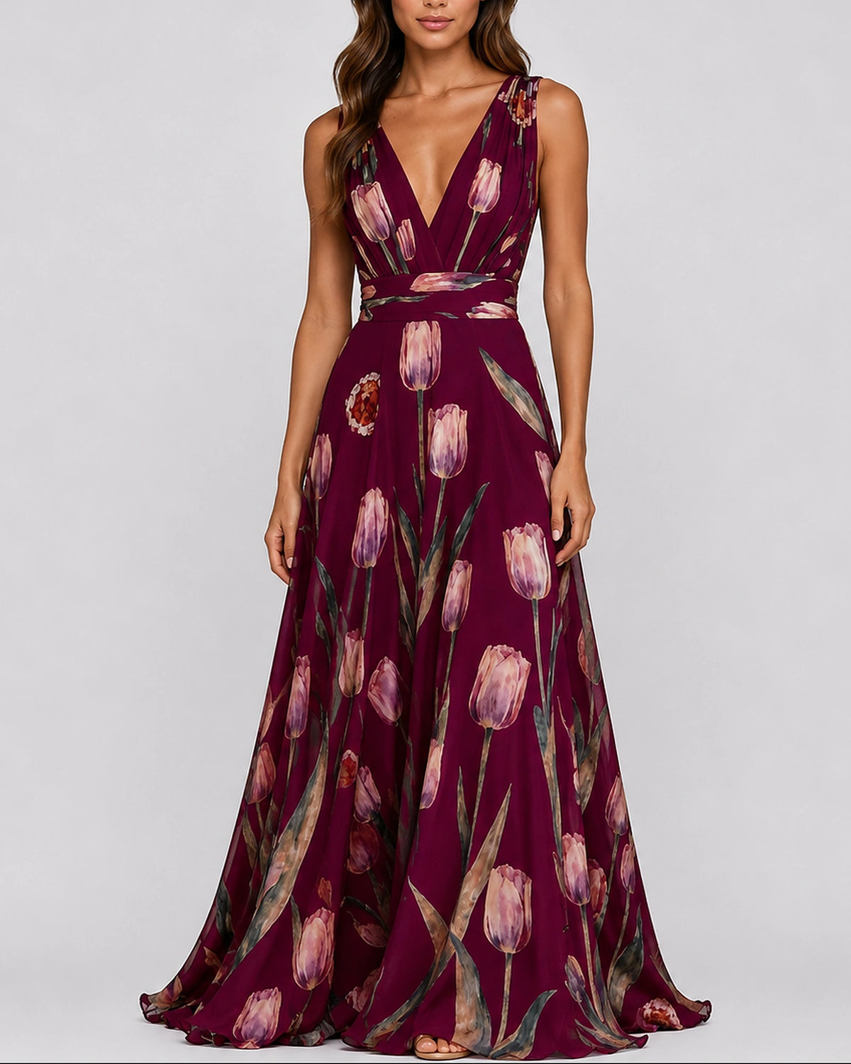 Women's Pleated Evening Maxi Dress with Tie Waist and V-Neck in Floral Print Chiffon – Lena Jane