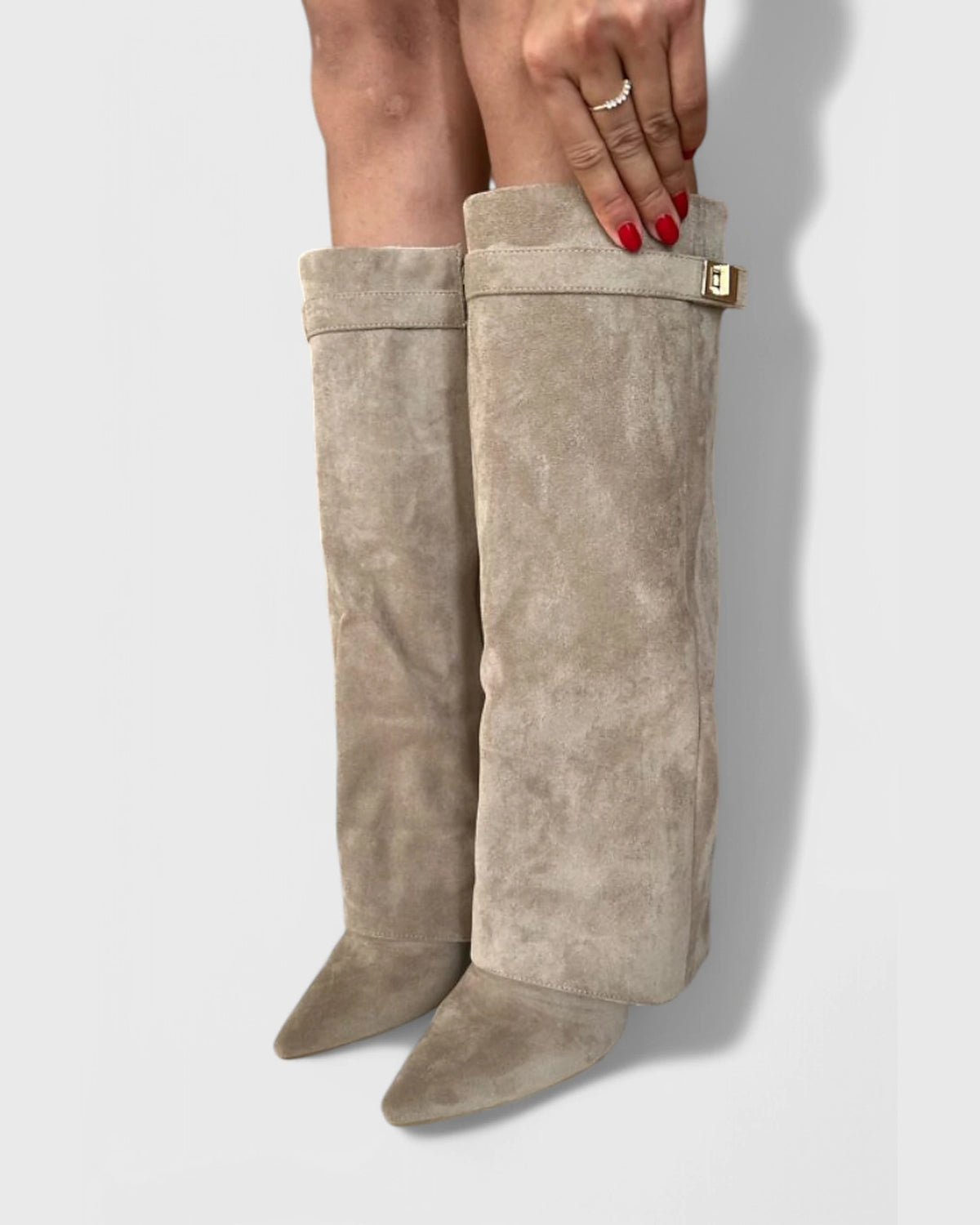 Women's Pointed Toe Knee-High Boots with Fold-Over Shark Lock Cuff – Bonnie Mae
