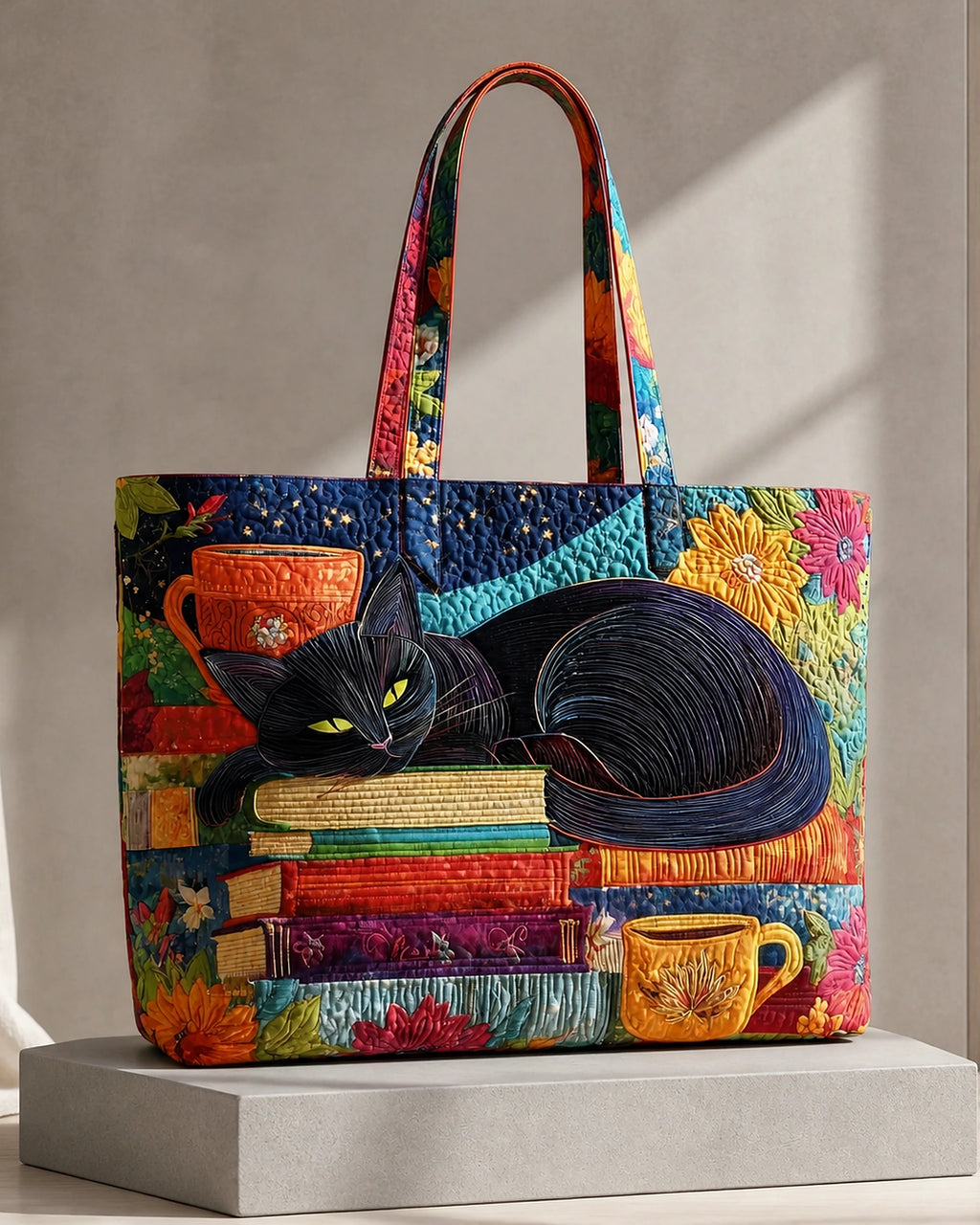 Women's Tote Bag Handbag, Quilted with Cat Print and Twin Handles – Ruby Lou