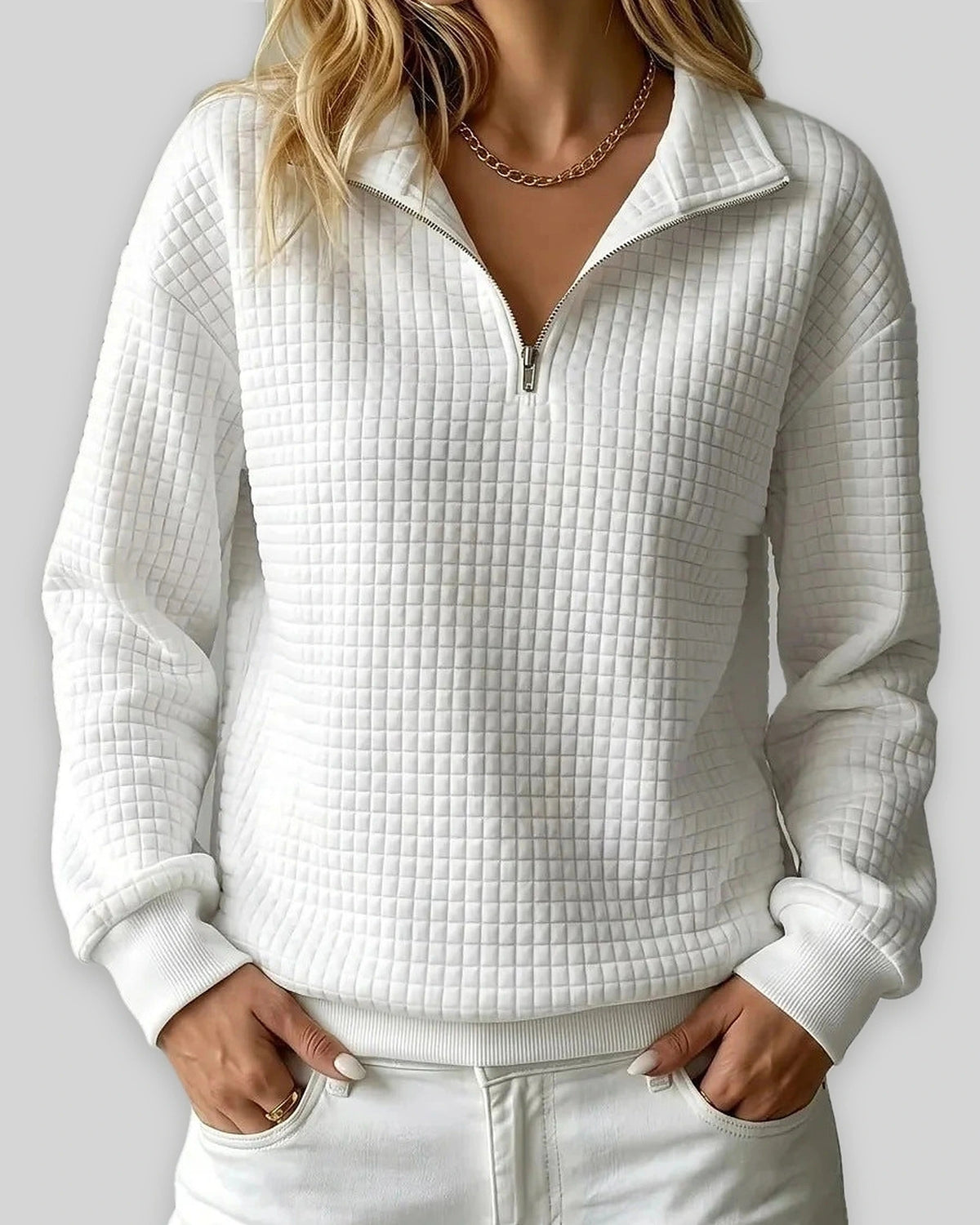 Women's Sweatshirt, Quilted Texture Half Zip Top with Funnel Collar – Zara Grey