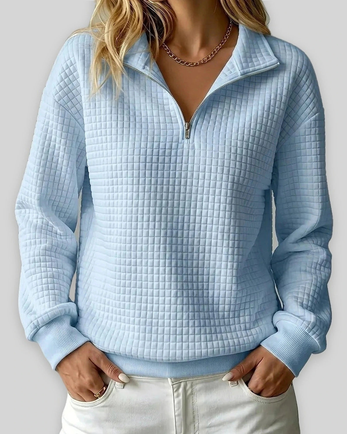 Women's Sweatshirt, Quilted Texture Half Zip Top with Funnel Collar – Zara Grey