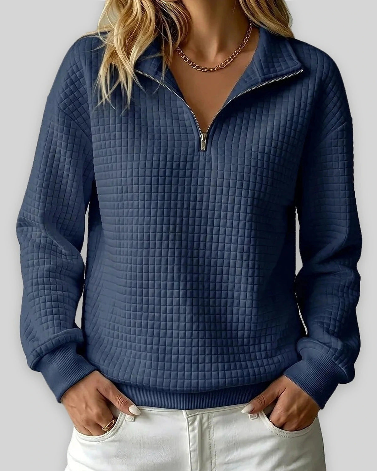 Women's Sweatshirt, Quilted Texture Half Zip Top with Funnel Collar – Zara Grey