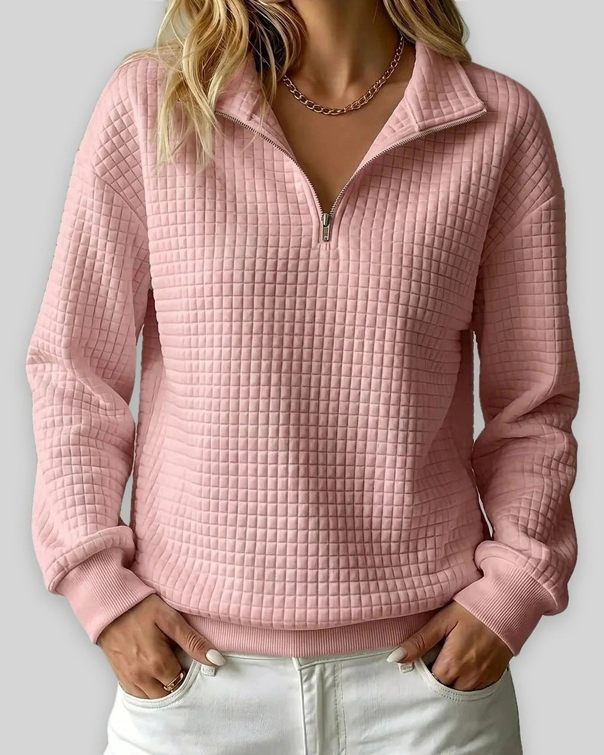 Women's Sweatshirt, Quilted Texture Half Zip Top with Funnel Collar – Zara Grey