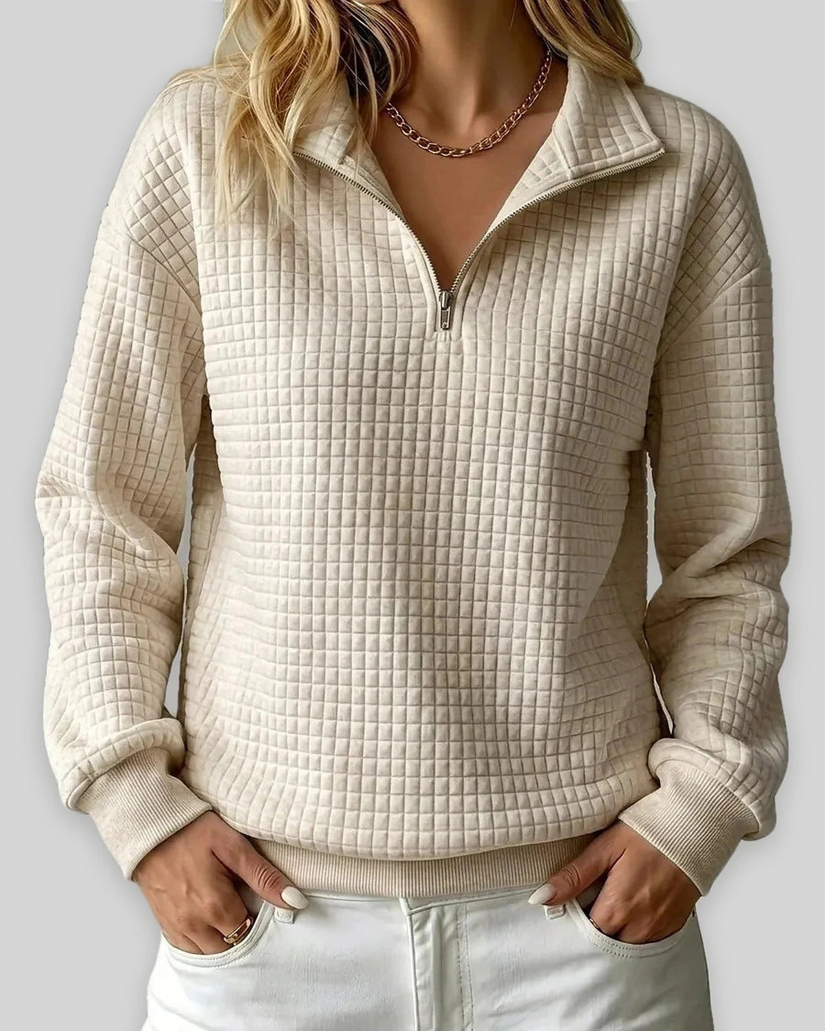 Women's Sweatshirt, Quilted Texture Half Zip Top with Funnel Collar – Zara Grey