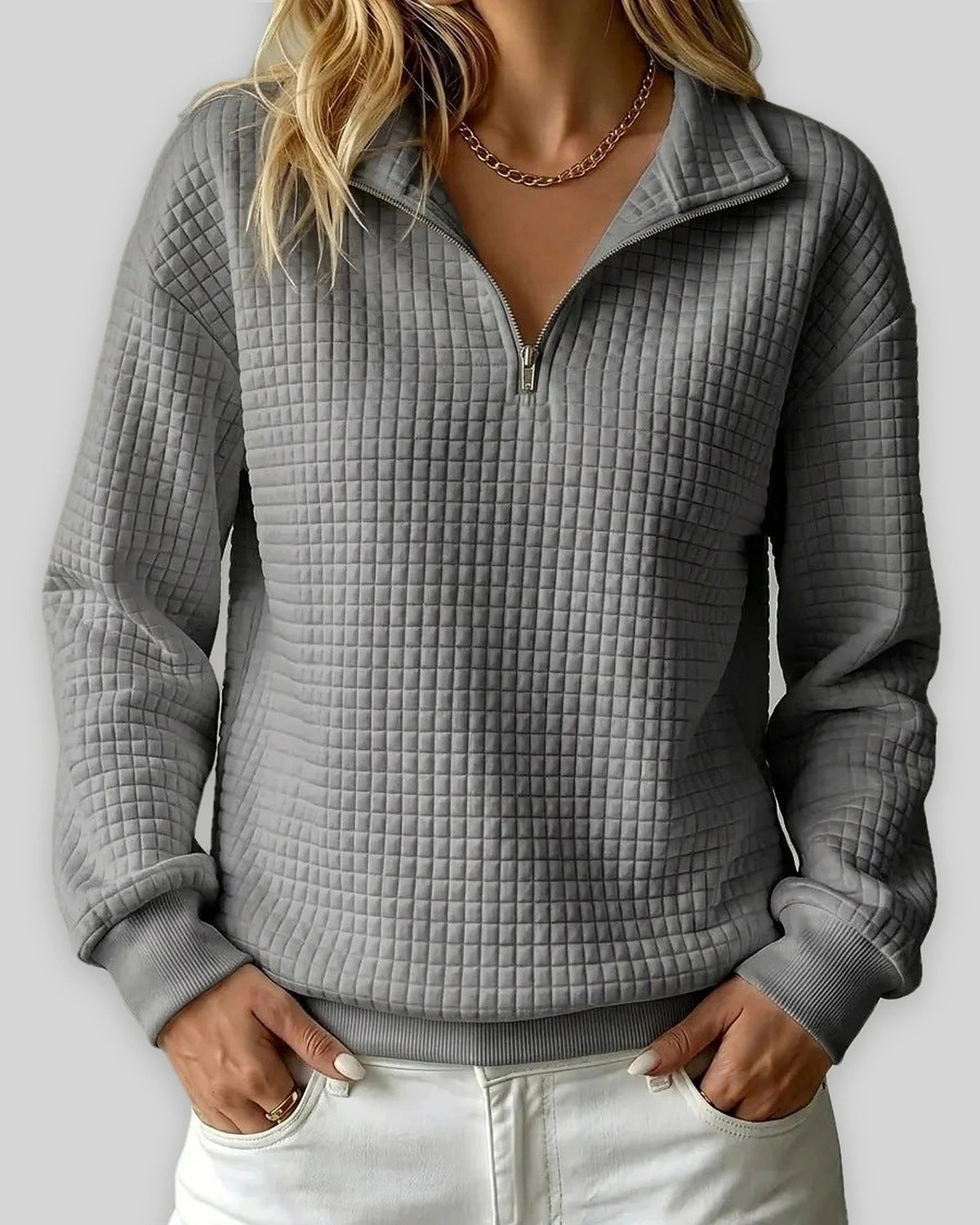 Women's Sweatshirt, Quilted Texture Half Zip Top with Funnel Collar – Zara Grey
