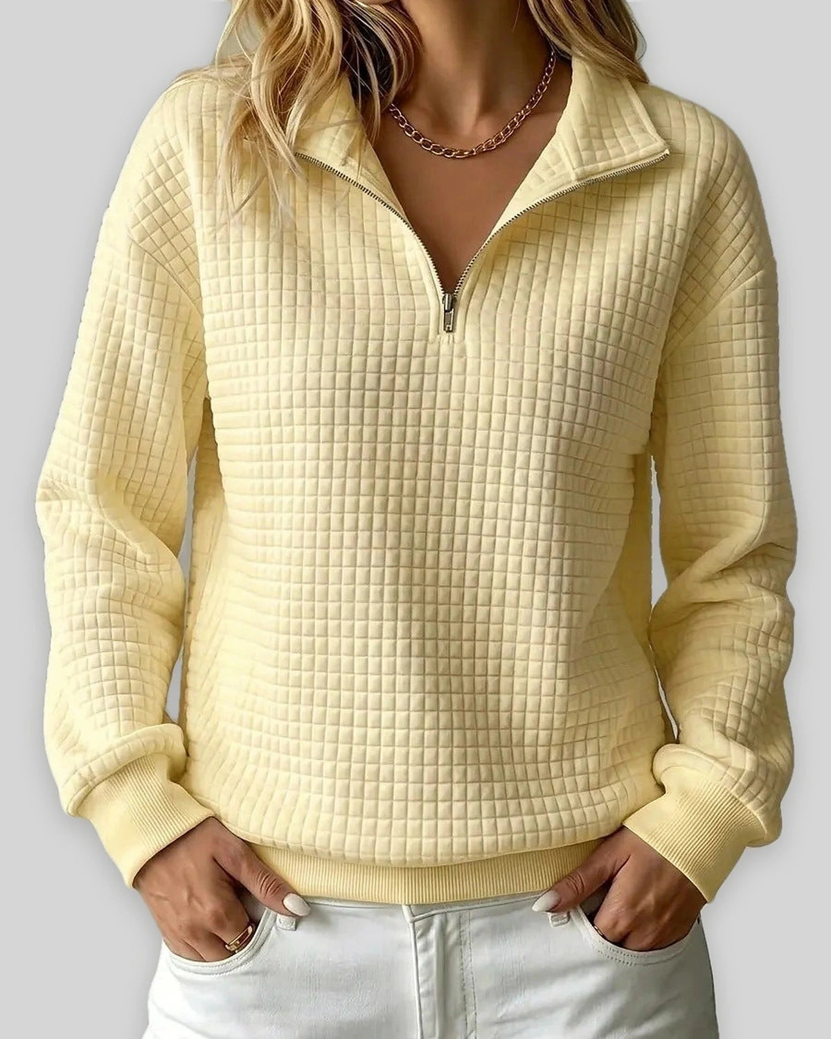 Women's Sweatshirt, Quilted Texture Half Zip Top with Funnel Collar – Zara Grey