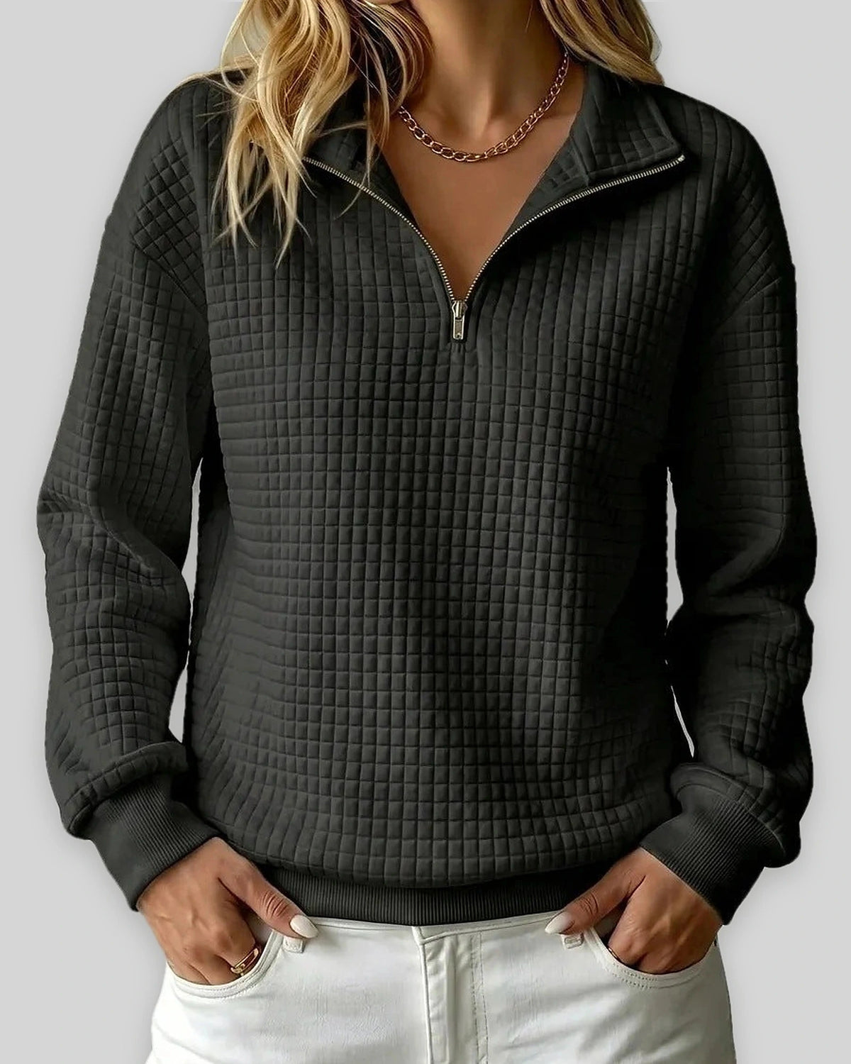 Women's Sweatshirt, Quilted Texture Half Zip Top with Funnel Collar – Zara Grey
