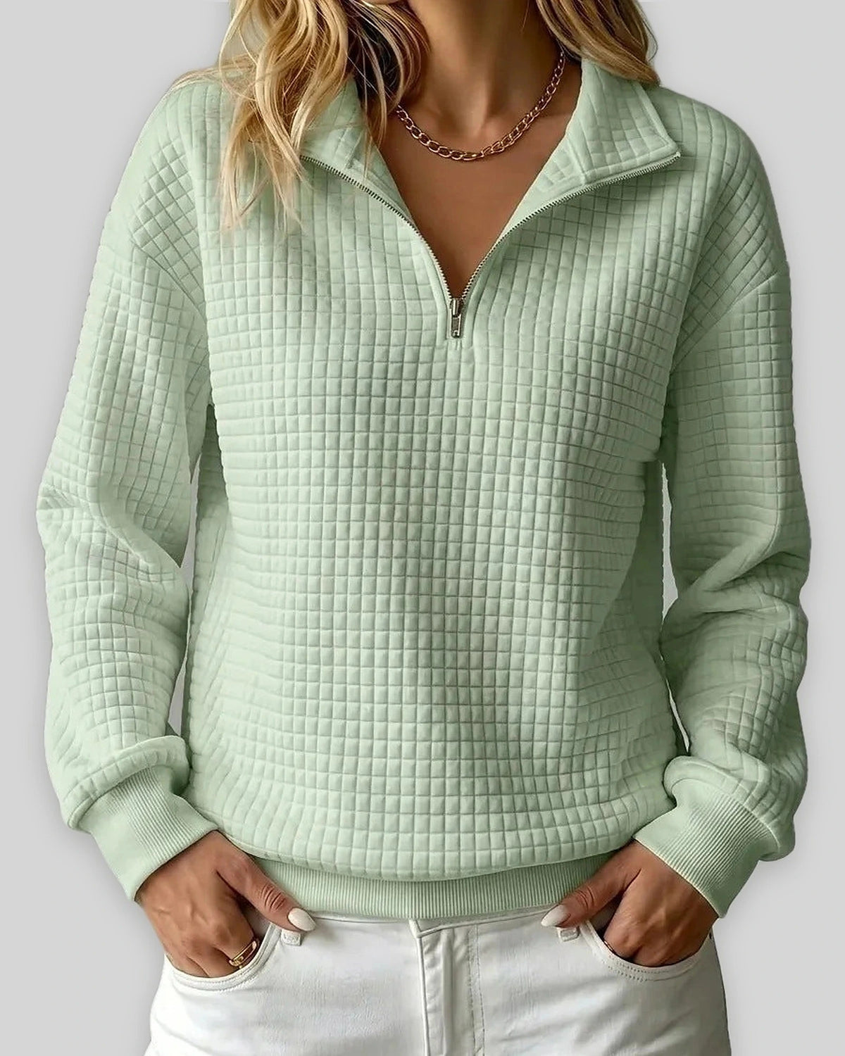 Women's Sweatshirt, Quilted Texture Half Zip Top with Funnel Collar – Zara Grey