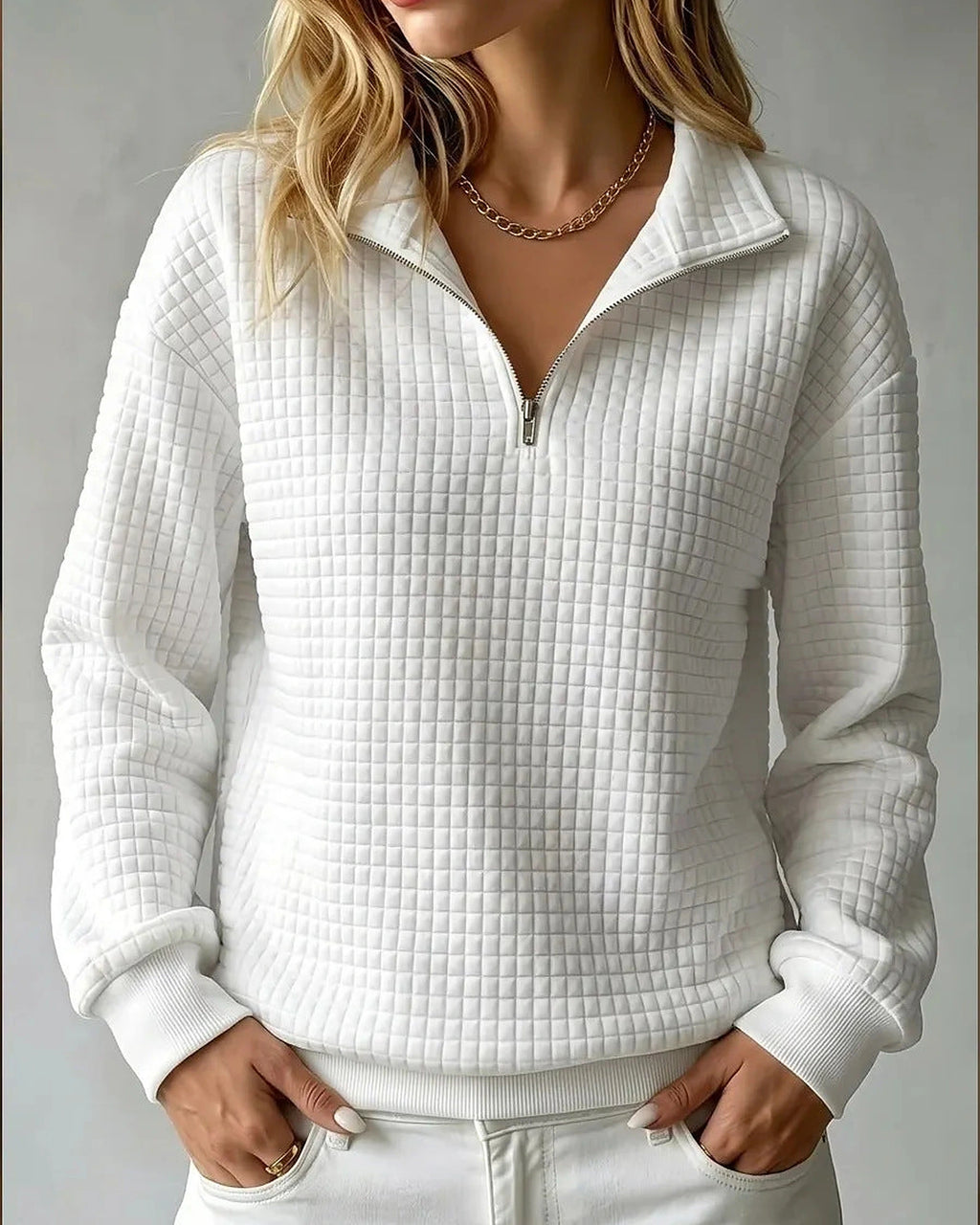 Women's Sweatshirt, Quilted Texture Half Zip Top with Funnel Collar – Zara Grey