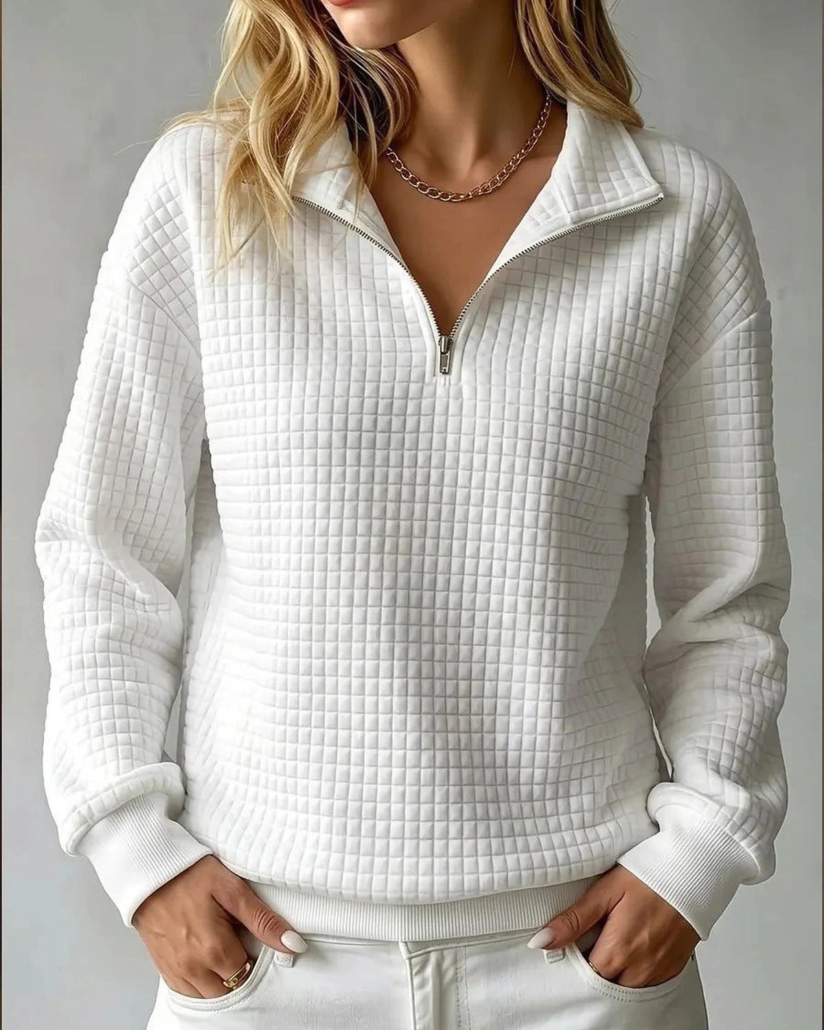 Women's Sweatshirt, Quilted Texture Half Zip Top with Funnel Collar – Zara Grey
