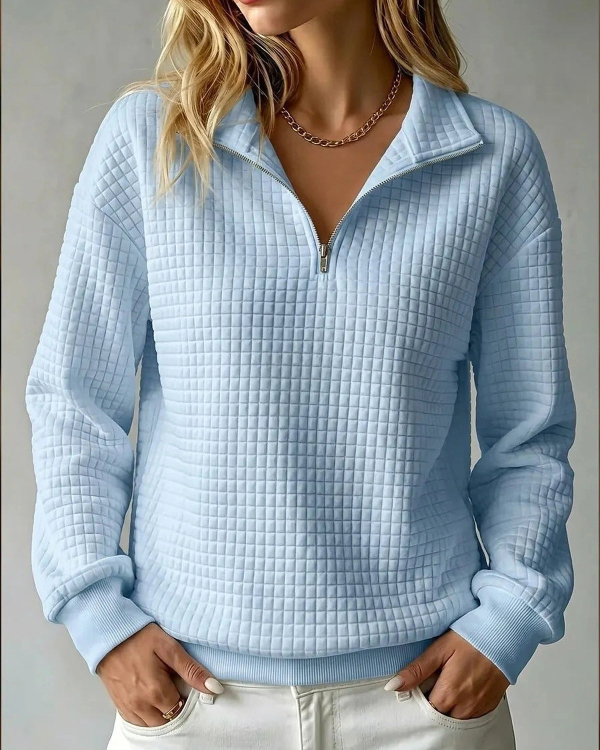 Women's Sweatshirt, Quilted Texture Half Zip Top with Funnel Collar – Zara Grey