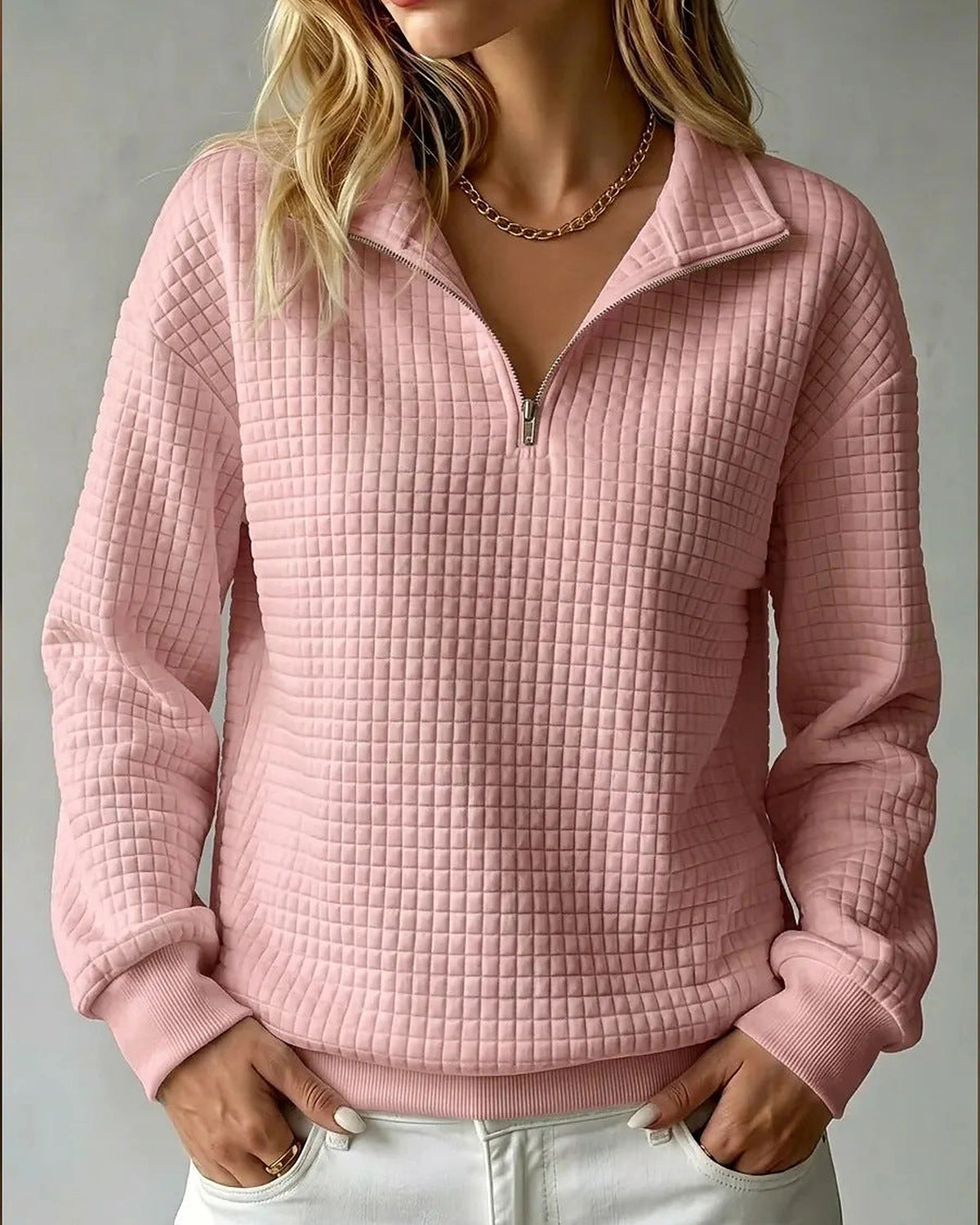 Women's Sweatshirt, Quilted Texture Half Zip Top with Funnel Collar – Zara Grey