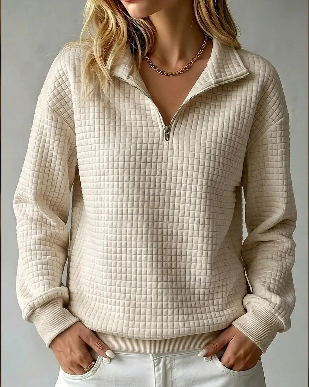 Women's Sweatshirt, Quilted Texture Half Zip Top with Funnel Collar – Zara Grey