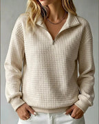 Women's Sweatshirt, Quilted Texture Half Zip Top with Funnel Collar – Zara Grey