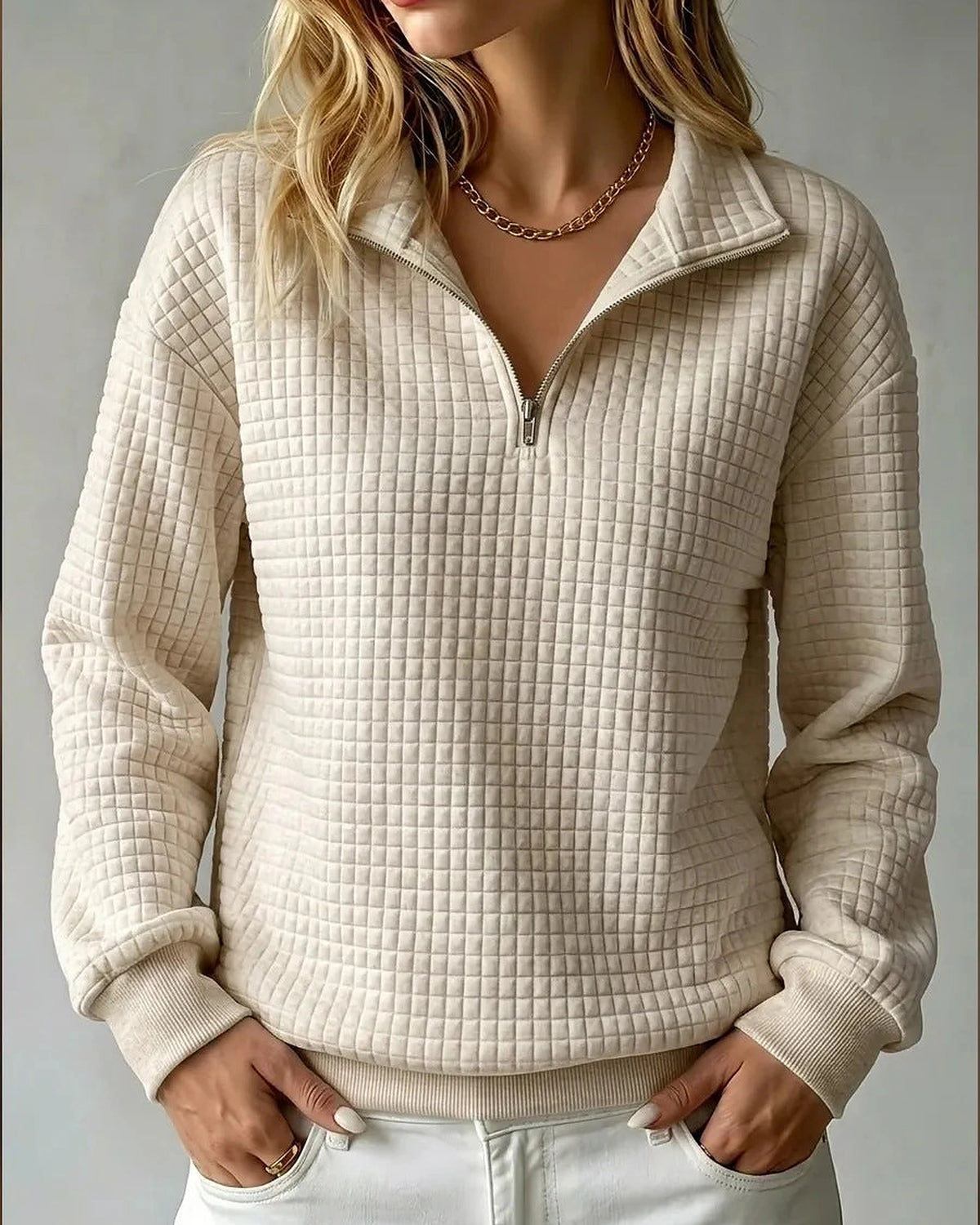 Women's Sweatshirt, Quilted Texture Half Zip Top with Funnel Collar – Zara Grey