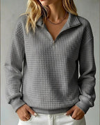 Women's Sweatshirt, Quilted Texture Half Zip Top with Funnel Collar – Zara Grey